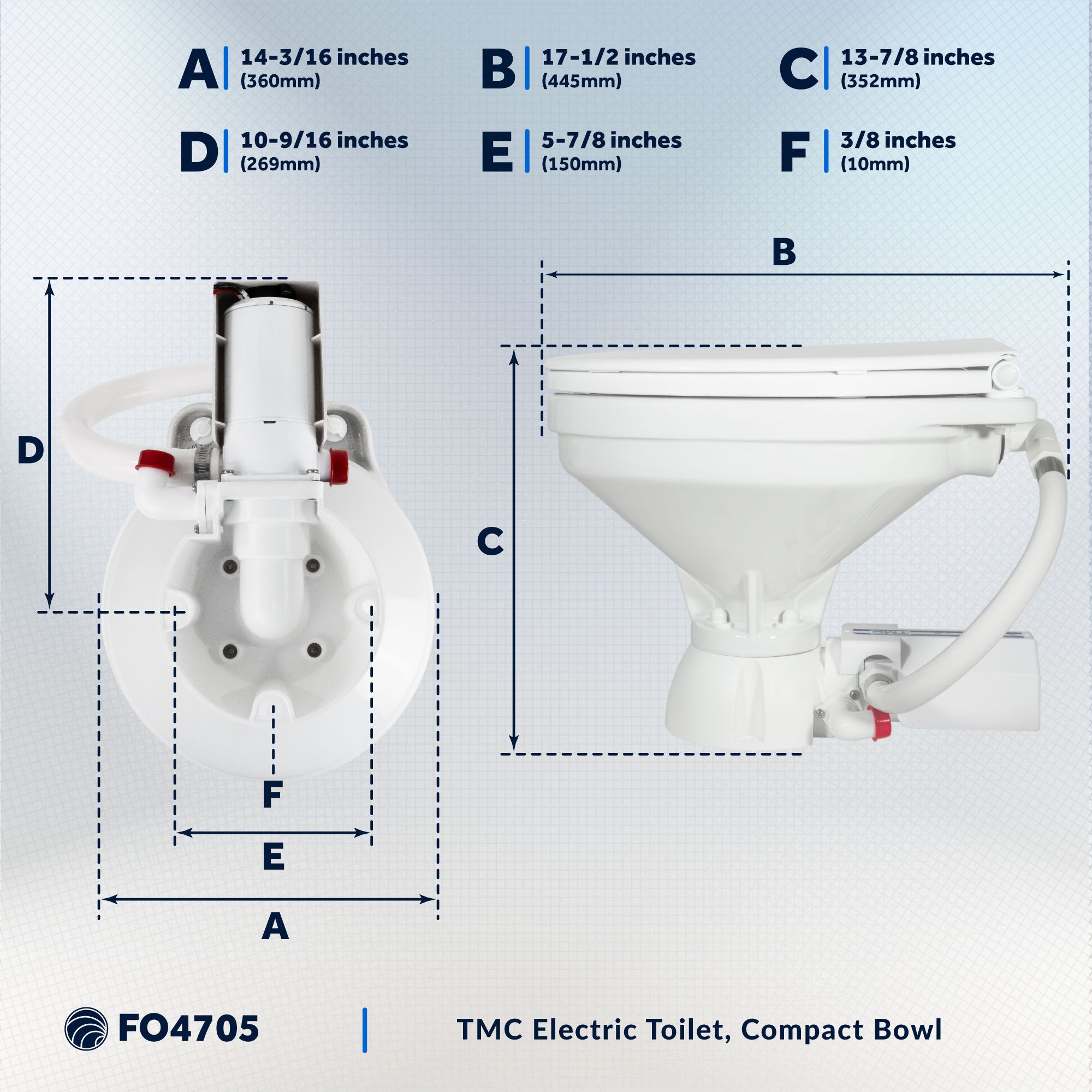 TMC Electric Toilet with Threaded-On Hose Connection, Compact Bowl, Smart Flush Control 12V DC <BR><BR>- FO4705