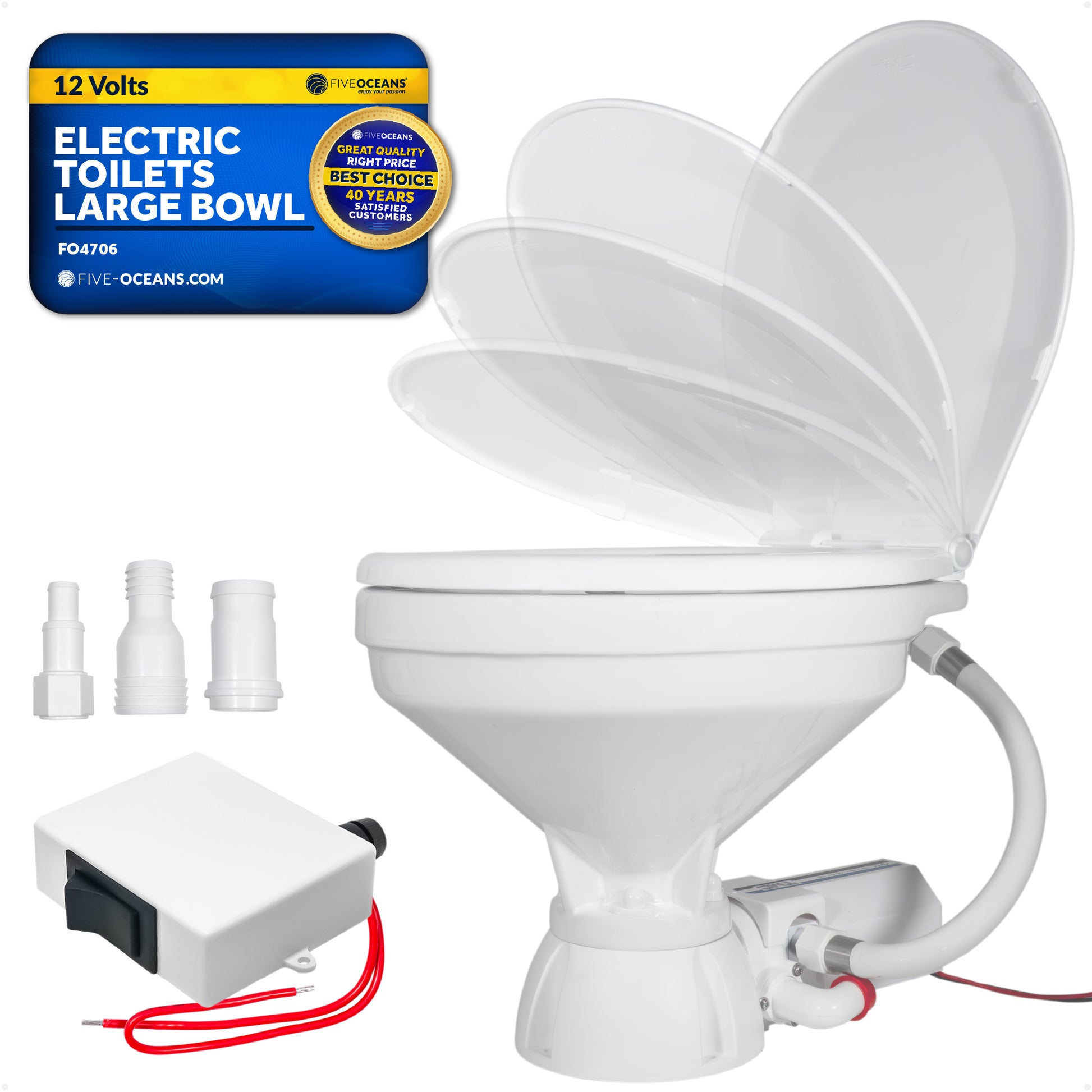 TMC Electric Toilet with Threaded-On Hose Connection, Large Bowl, Smart Flush Control 12V DC <BR><BR>- FO4706 - Five Oceans