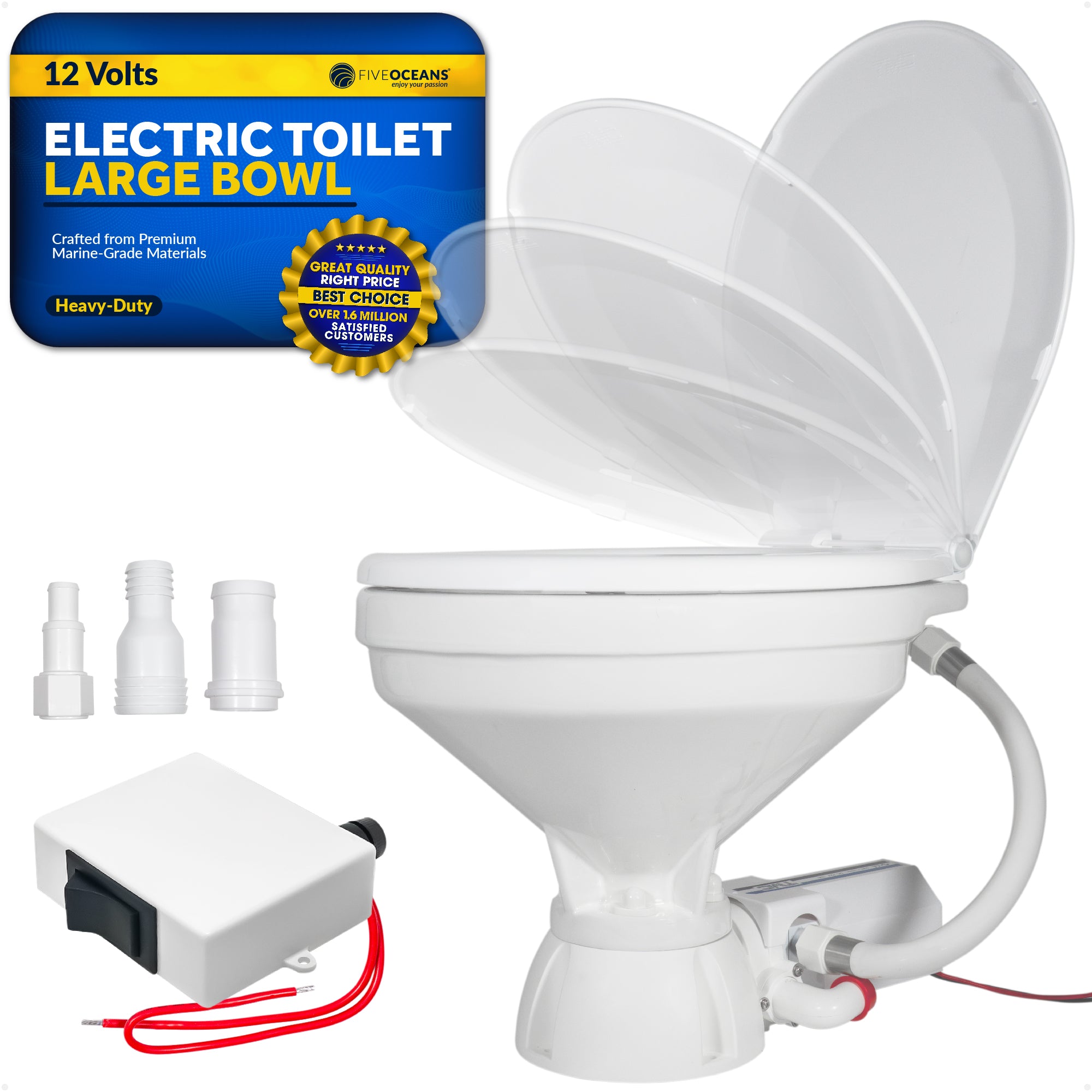 TMC Electric Toilet with Threaded-On Hose Connection, Large Bowl, Smart Flush Control 12V DC <BR><BR>- FO4706 - Five Oceans