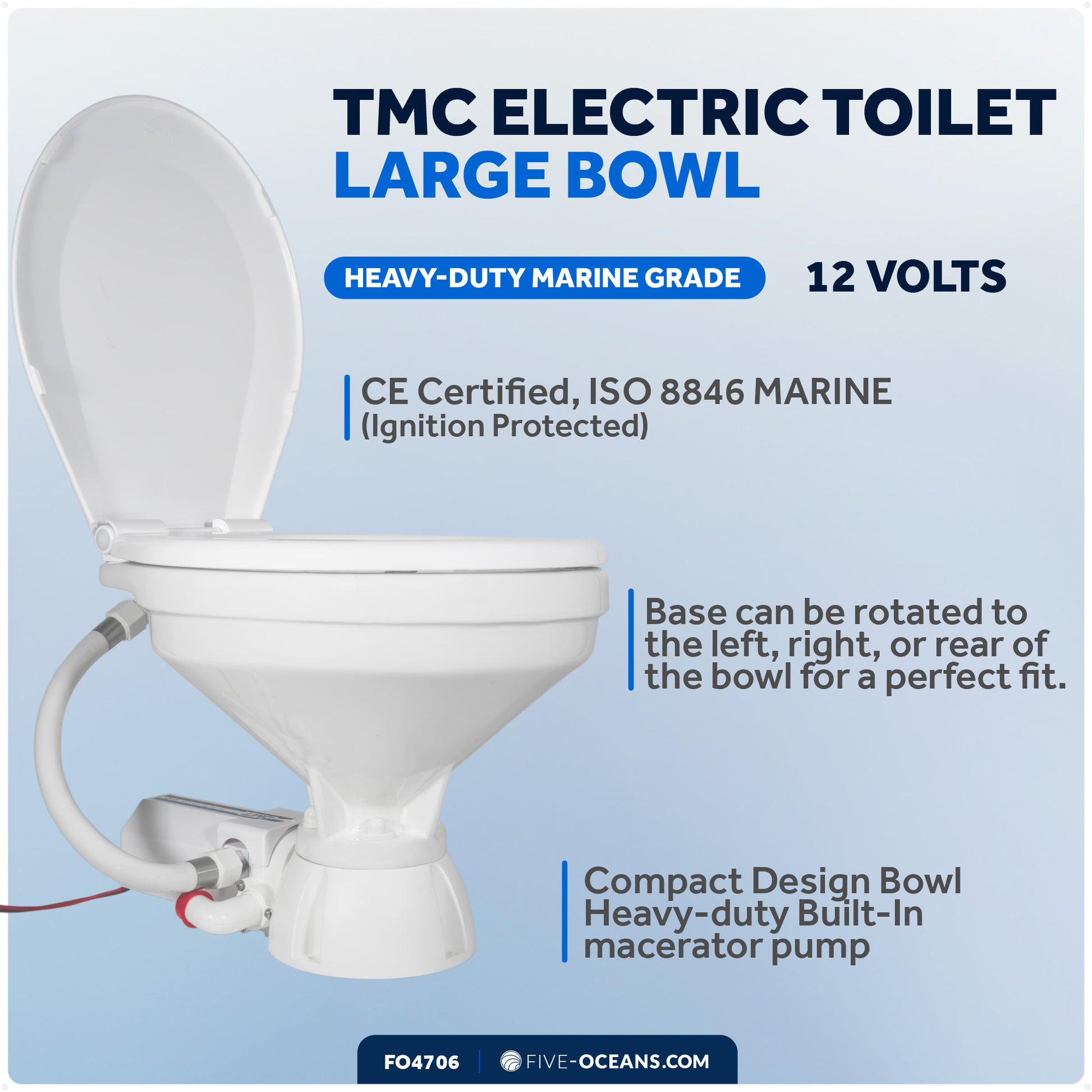 TMC Electric Toilet with Threaded-On Hose Connection, Large Bowl, Smart Flush Control 12V DC <BR><BR>- FO4706 - Five Oceans