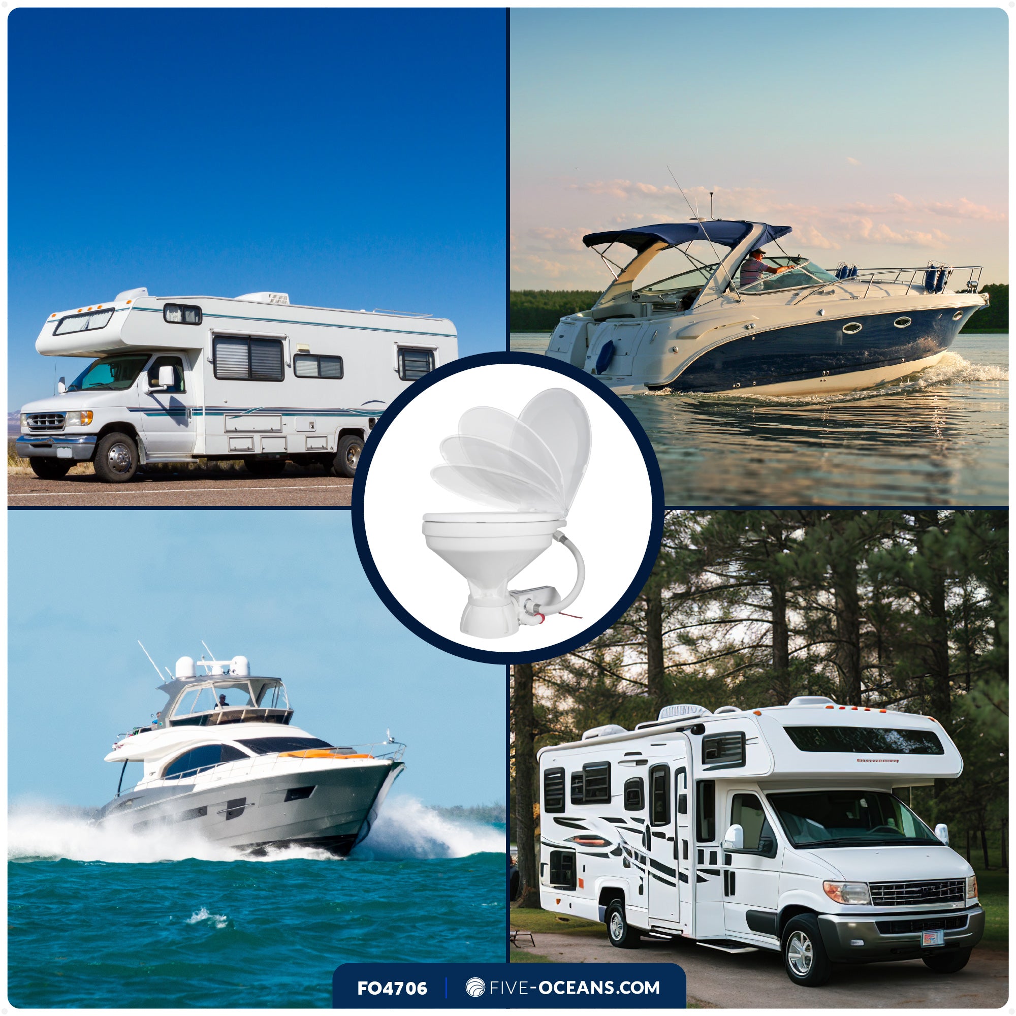 TMC Electric Toilet with Threaded-On Hose Connection, Large Bowl, Smart Flush Control 12V DC <BR><BR>- FO4706 - Five Oceans