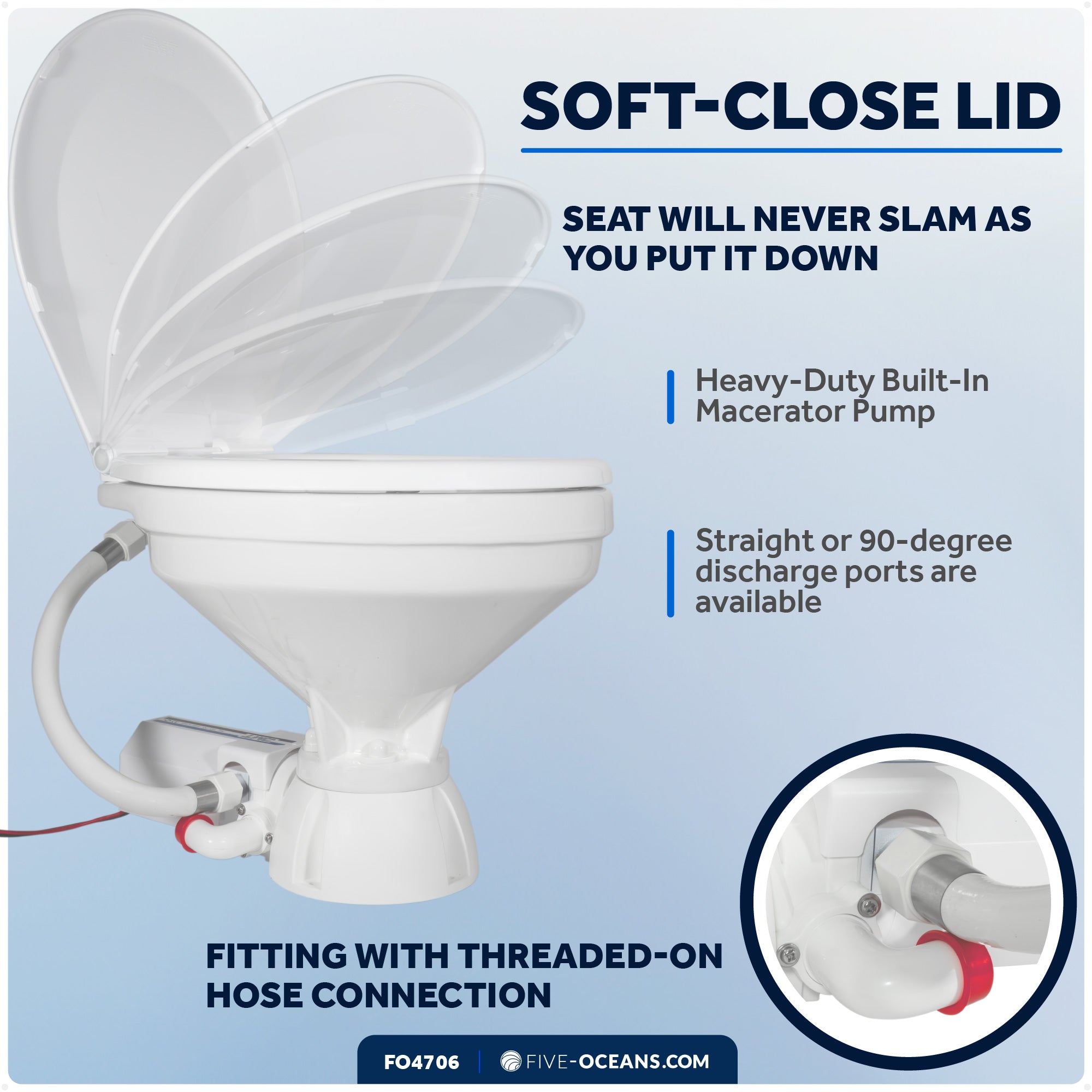 TMC Electric Toilet with Threaded-On Hose Connection, Large Bowl, Smart Flush Control 12V DC <BR><BR>- FO4706 - Five Oceans