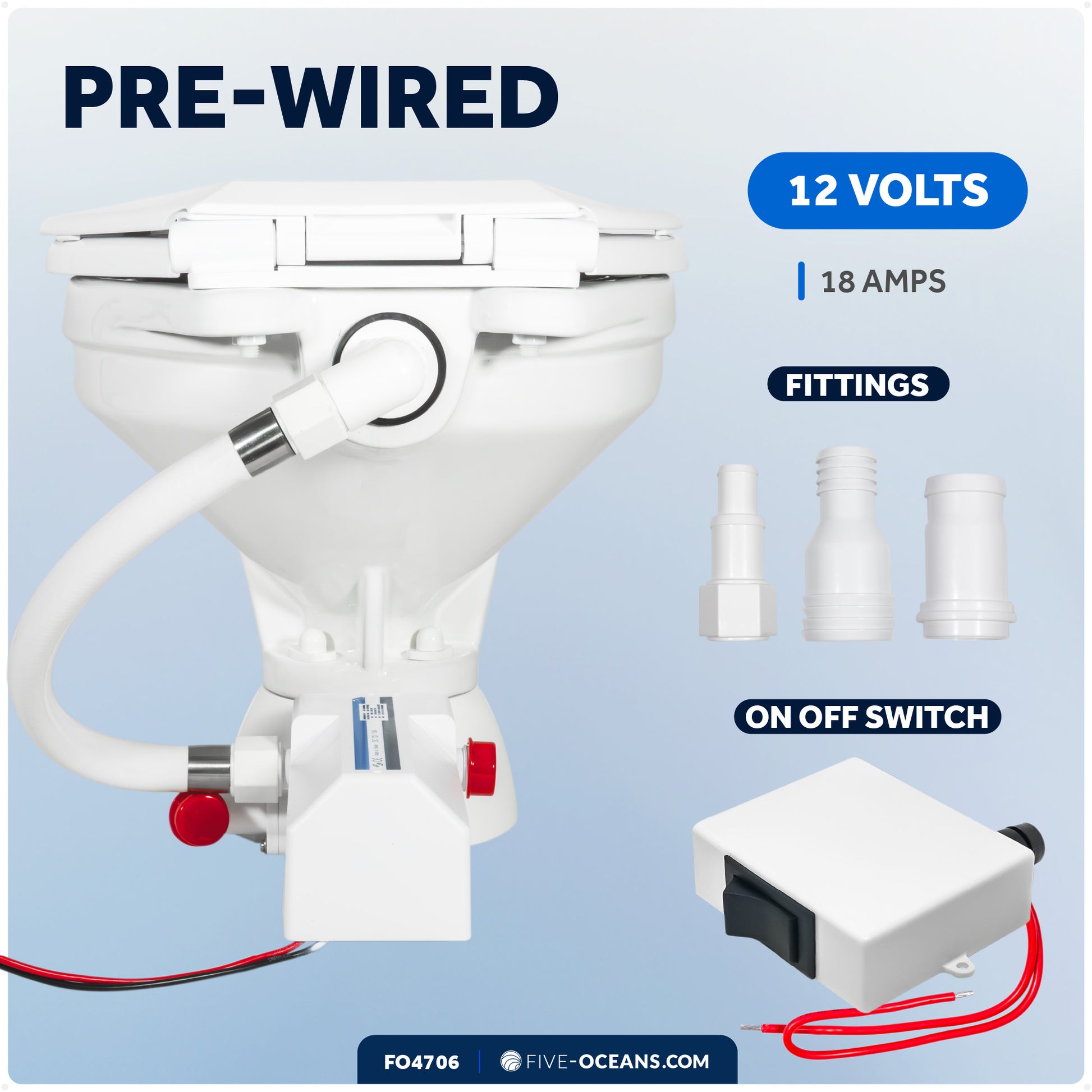 TMC Electric Toilet with Threaded-On Hose Connection, Large Bowl, Smart Flush Control 12V DC <BR><BR>- FO4706 - Five Oceans