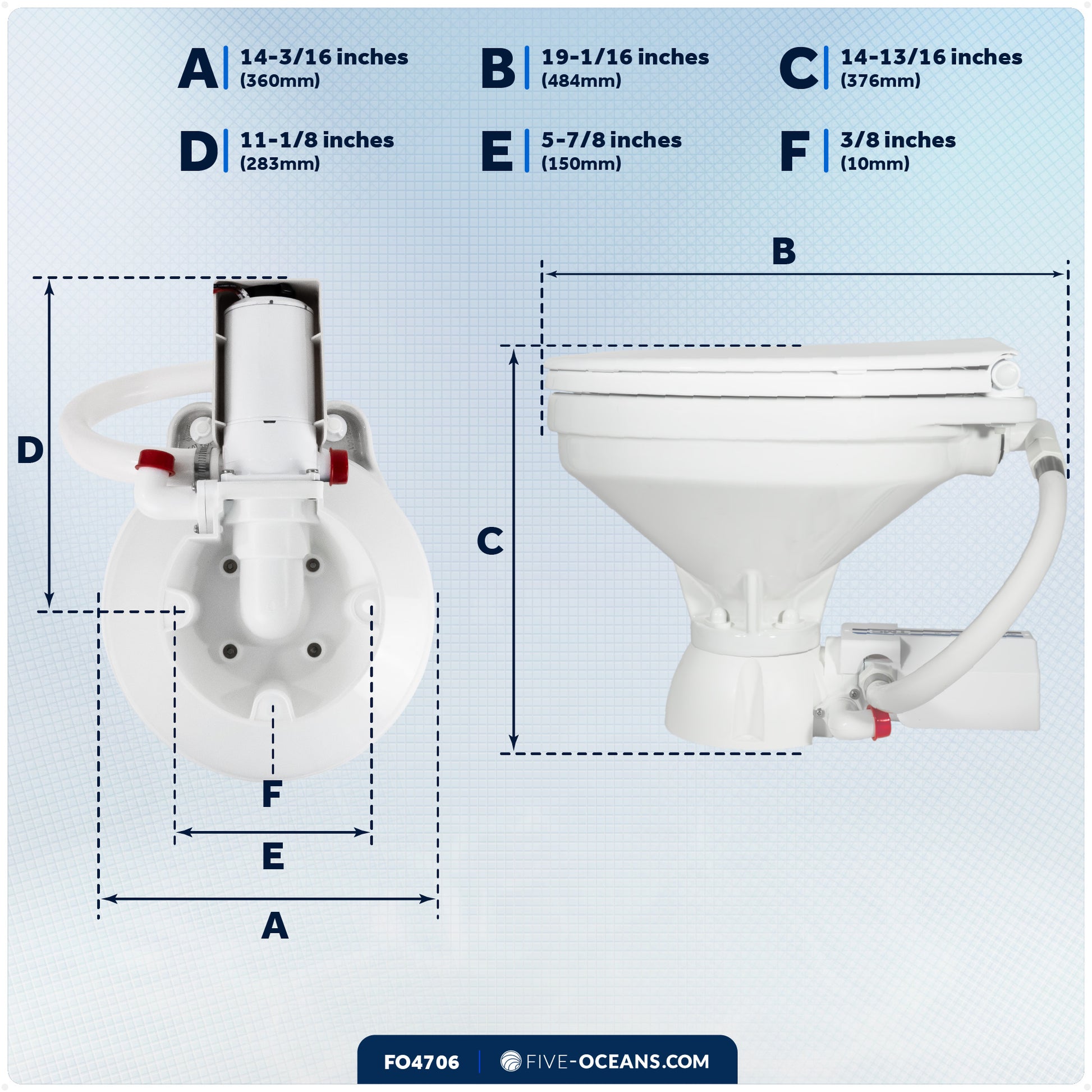 TMC Electric Toilet with Threaded-On Hose Connection, Large Bowl, Smart Flush Control 12V DC <BR><BR>- FO4706 - Five Oceans