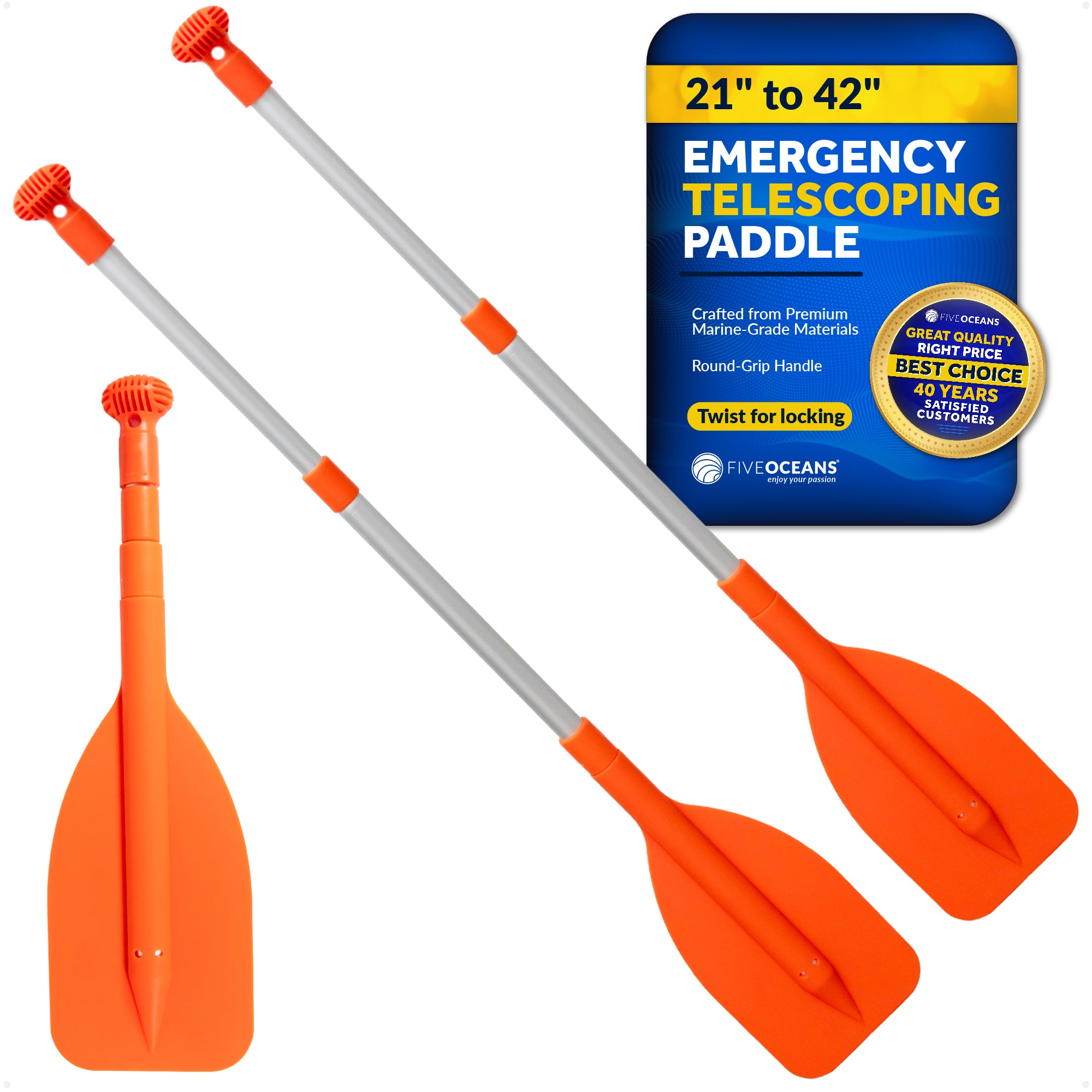 Emergency Floating Telescoping Paddle Extends from 21" to 42", Round-Grip - Orange - 2-Pack - FO4712-M2 - Five Oceans