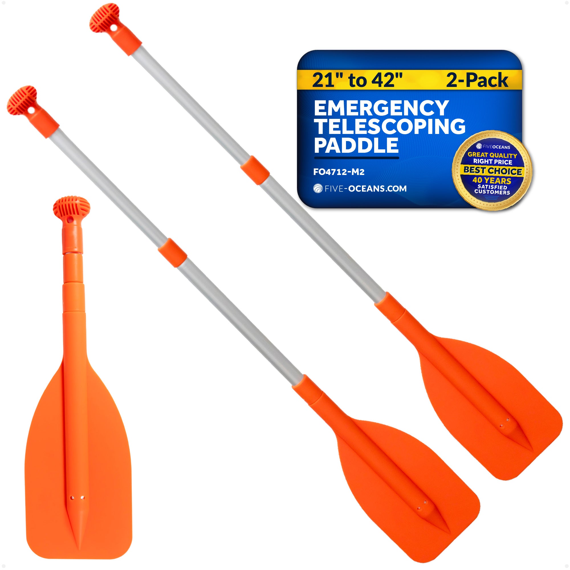 Emergency Floating Telescoping Paddle Extends from 21" to 42", Round-Grip - Orange - 2-Pack - FO4712-M2