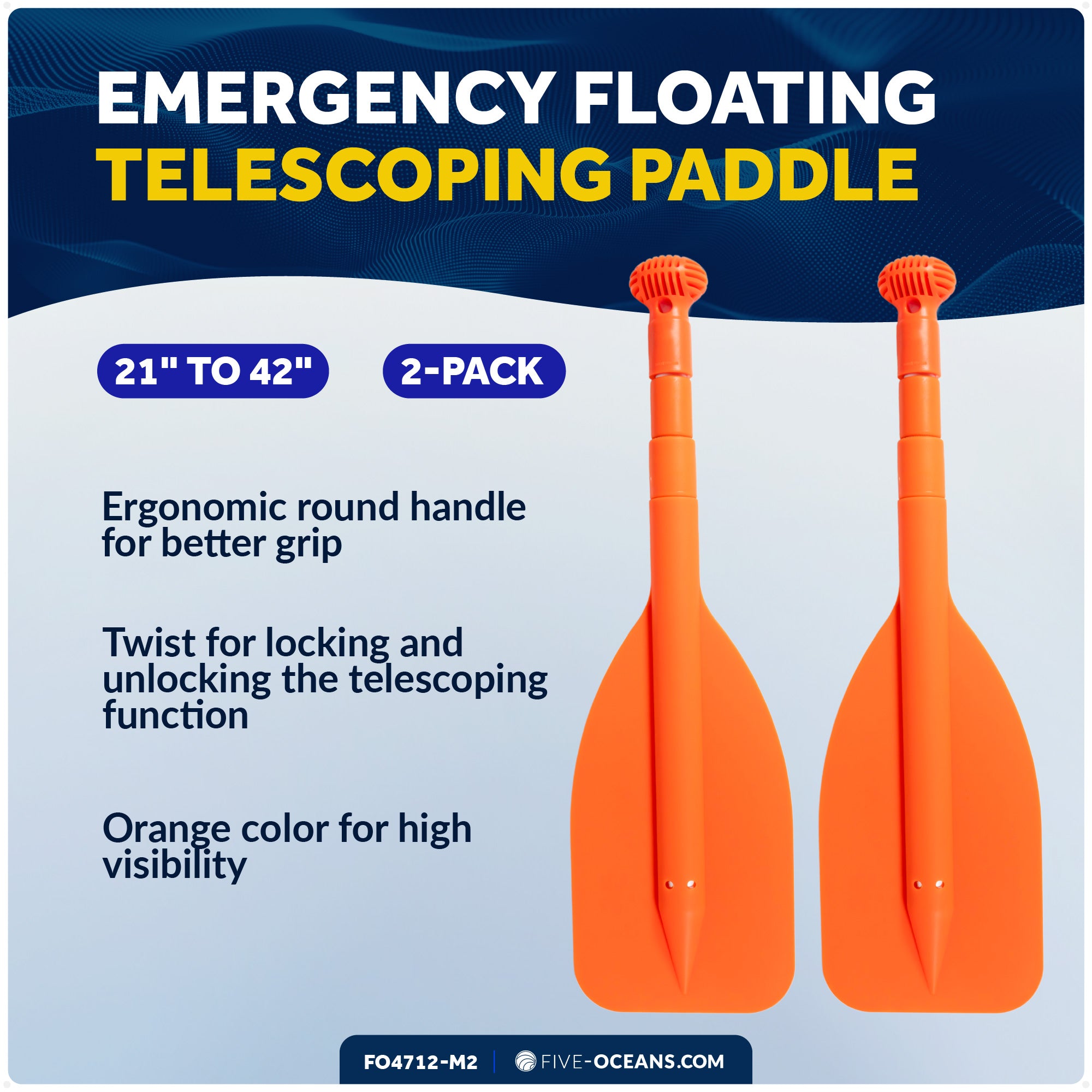 Emergency Floating Telescoping Paddle Extends from 21" to 42", Round-Grip - Orange - 2-Pack - FO4712-M2