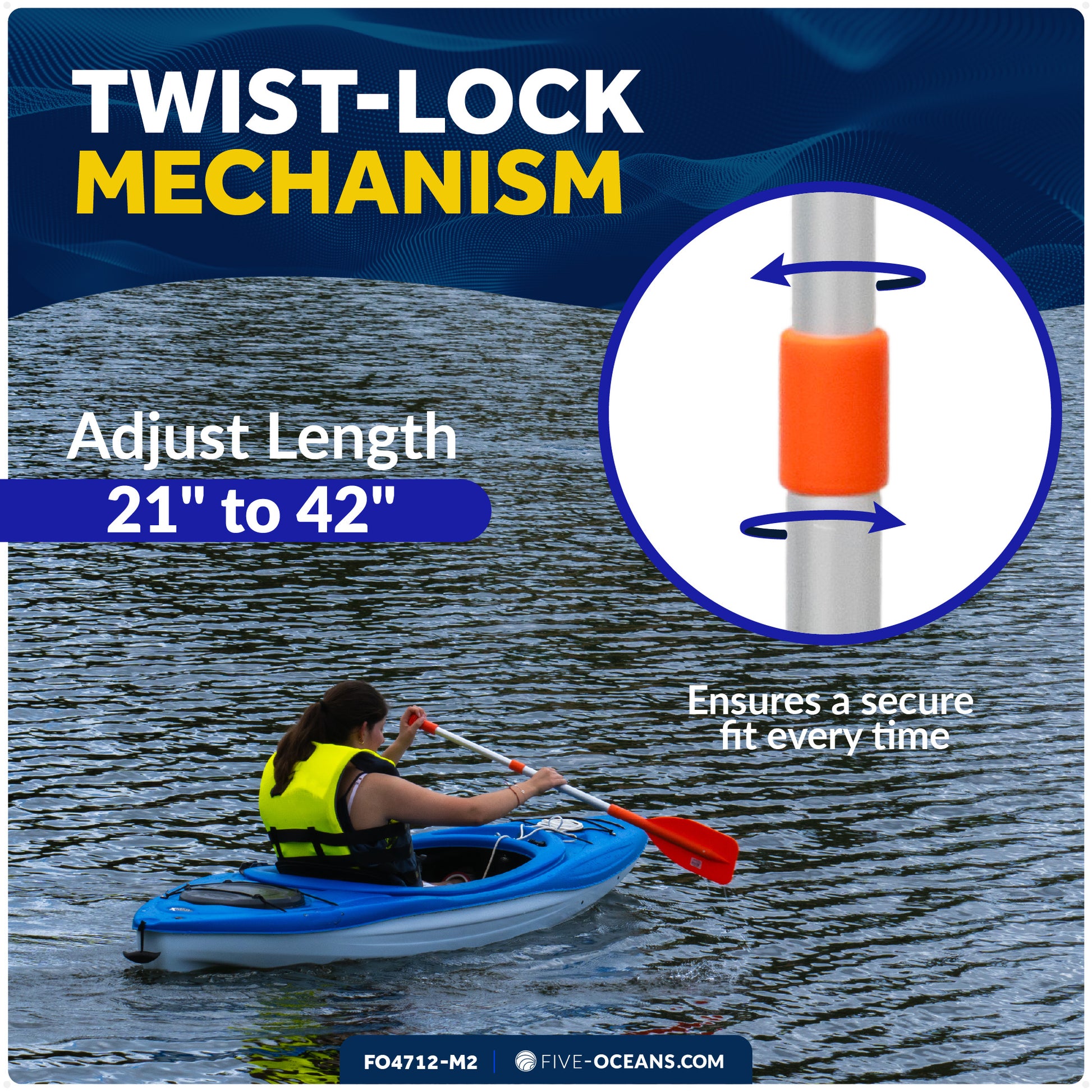 Emergency Floating Telescoping Paddle Extends from 21" to 42", Round-Grip - Orange - 2-Pack - FO4712-M2 - Five Oceans