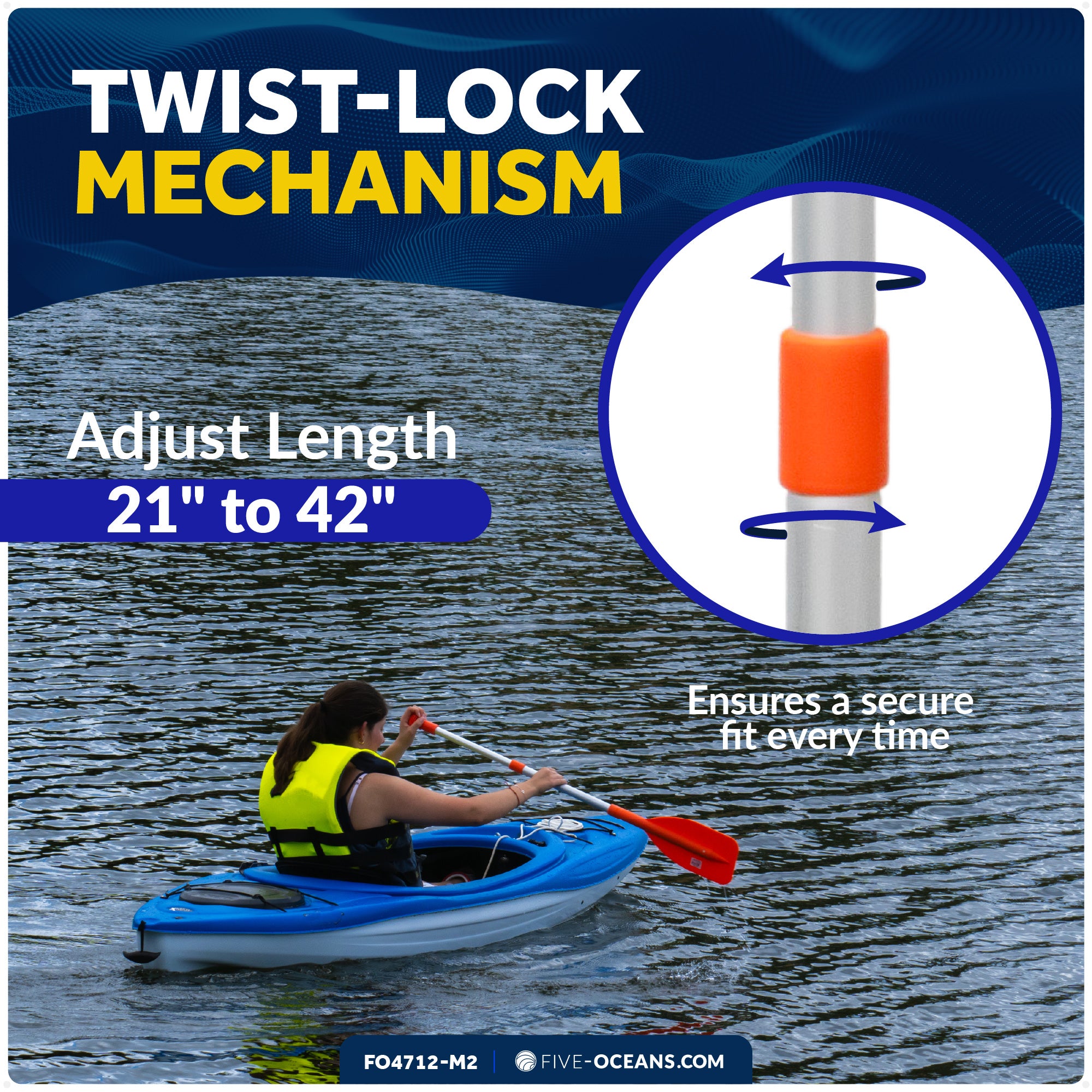 Emergency Floating Telescoping Paddle Extends from 21" to 42", Round-Grip - Orange - 2-Pack - FO4712-M2 - Five Oceans