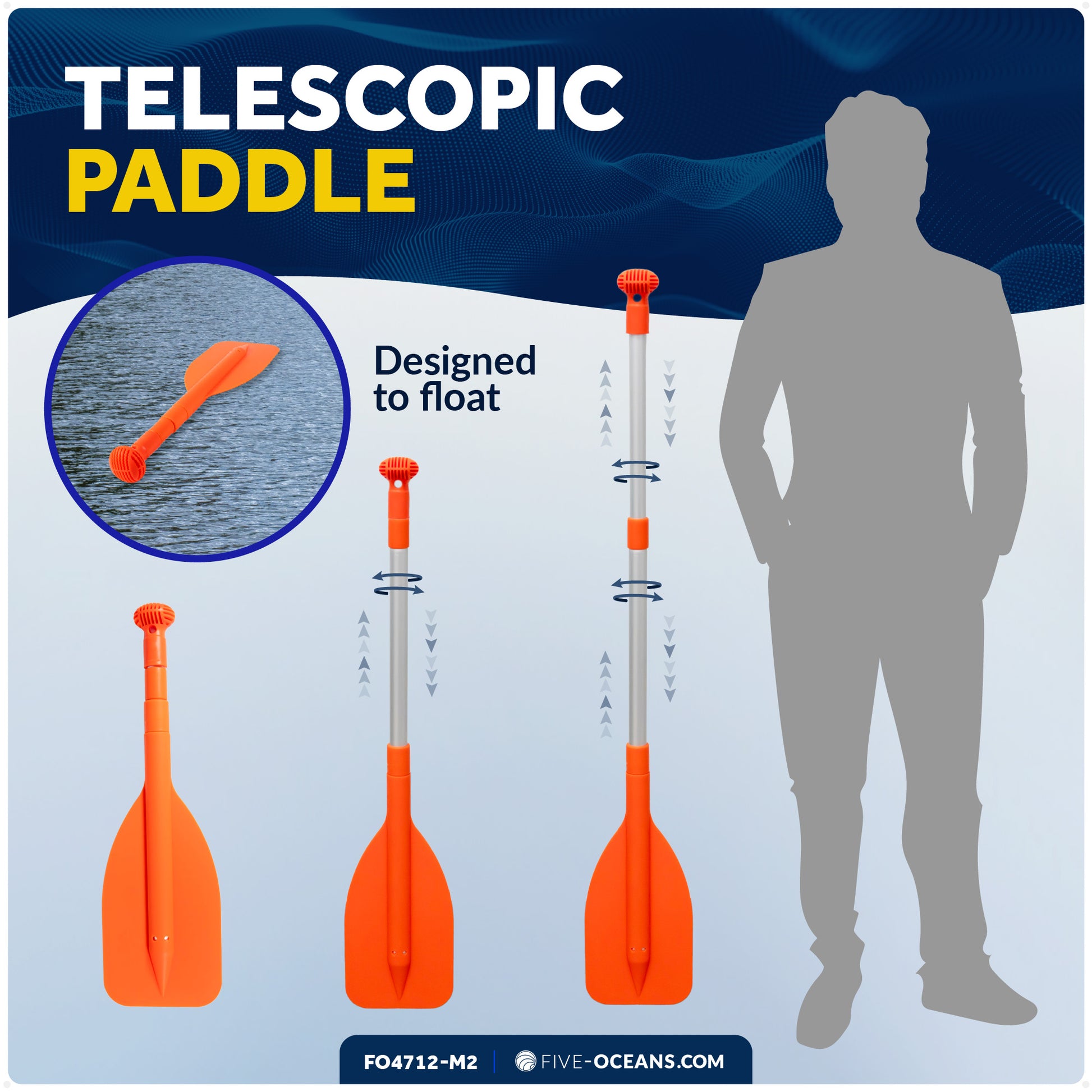 Emergency Floating Telescoping Paddle Extends from 21" to 42", Round-Grip - Orange - 2-Pack - FO4712-M2 - Five Oceans