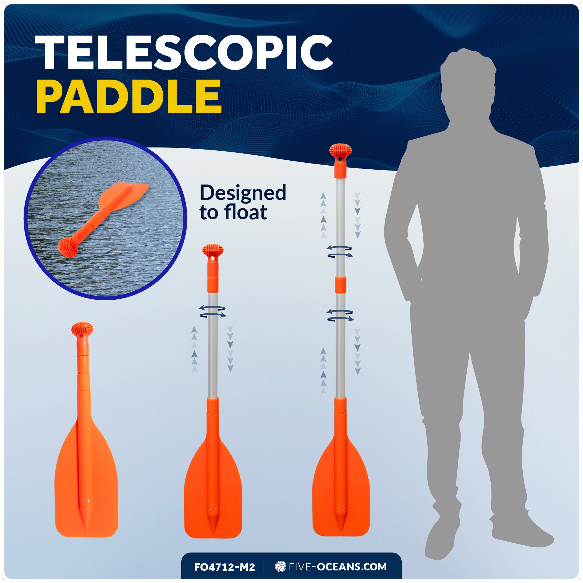 Emergency Floating Telescoping Paddle Extends from 21" to 42", Round-Grip - Orange - 2-Pack - FO4712-M2