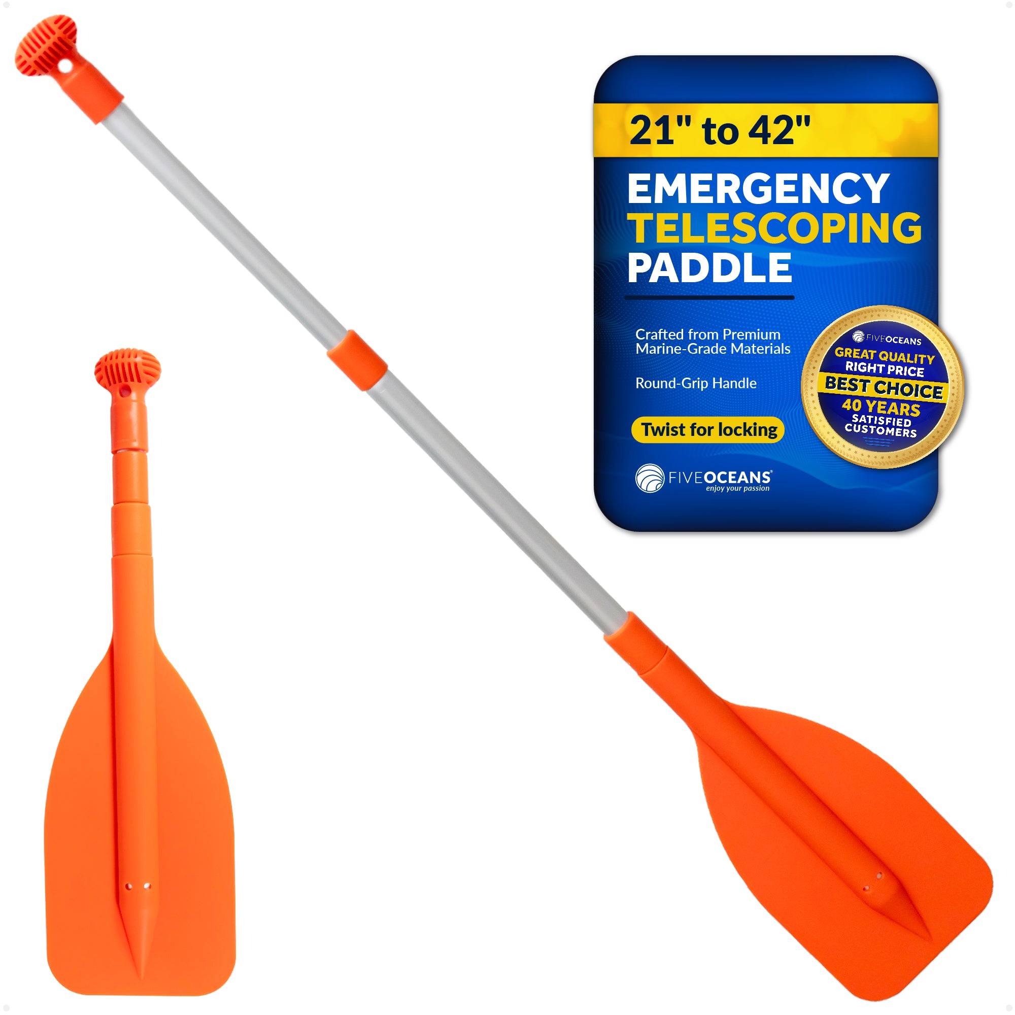 Emergency Floating Telescoping Paddle Extends from 21" to 42", Round-Grip - Orange - FO4712 - Five Oceans