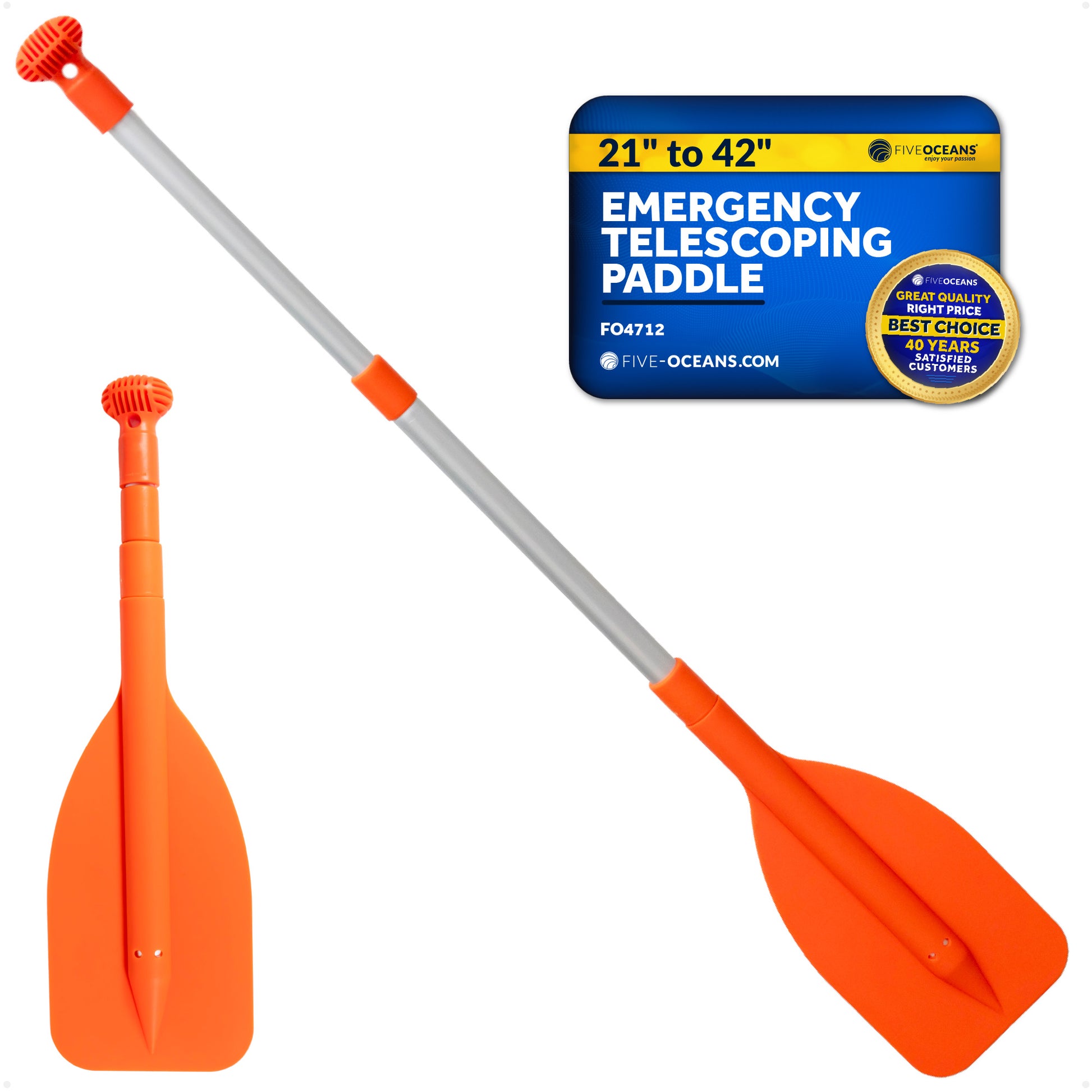 Emergency Floating Telescoping Paddle Extends from 21" to 42", Round-Grip - Orange - FO4712 - Five Oceans