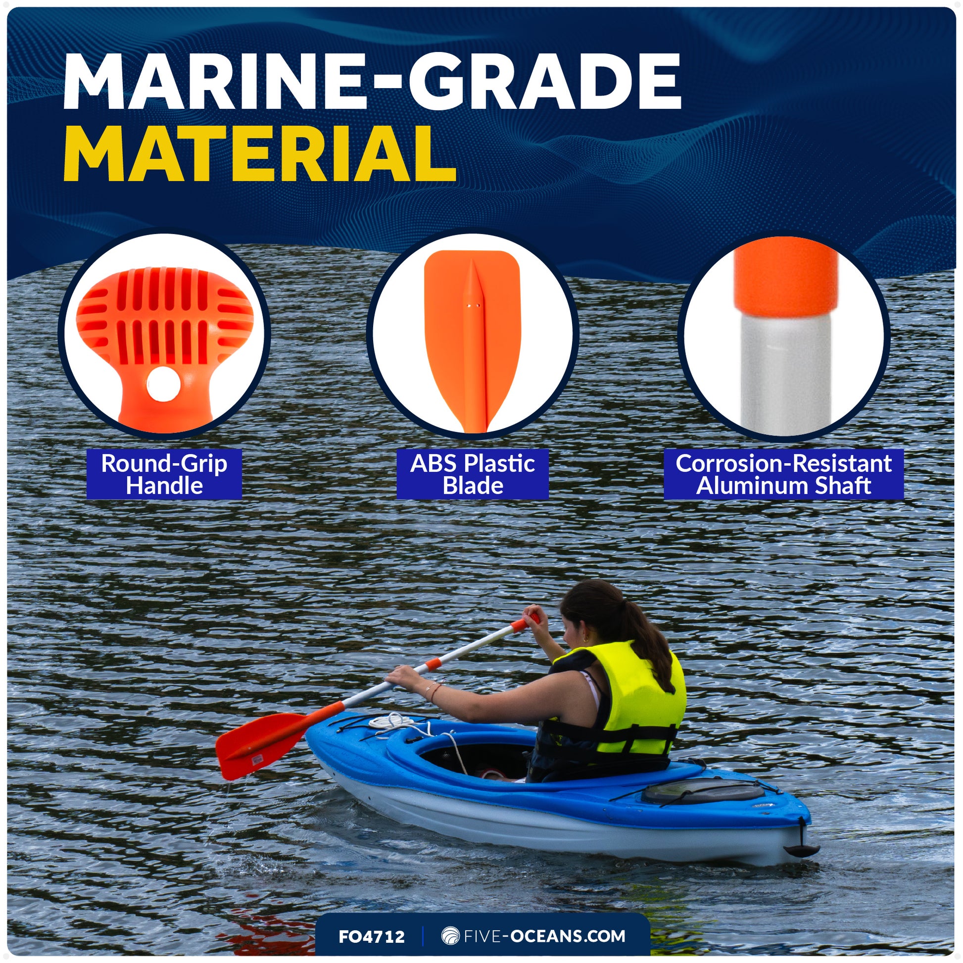 Emergency Floating Telescoping Paddle Extends from 21" to 42", Round-Grip - Orange - FO4712 - Five Oceans