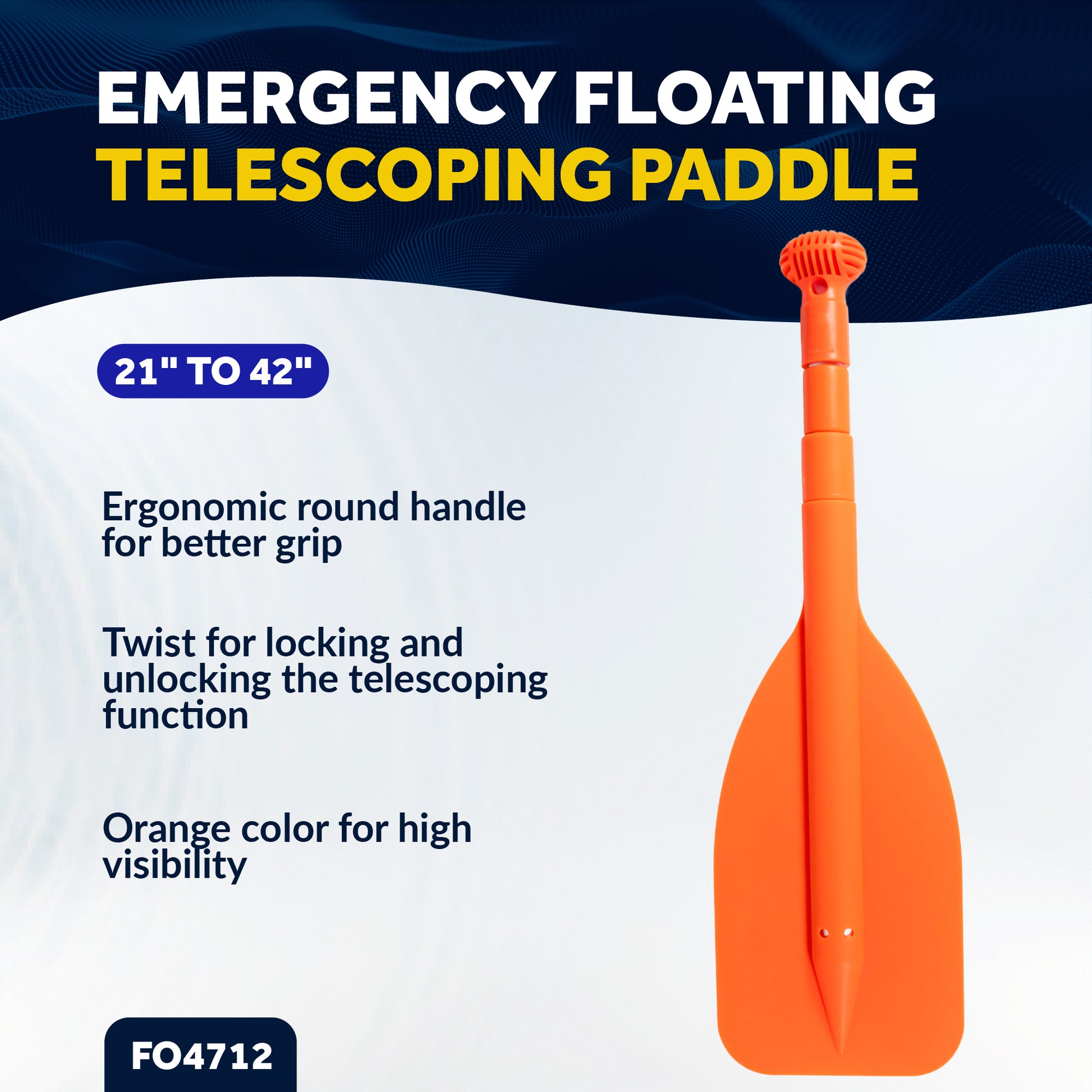 Emergency Floating Telescoping Paddle Extends from 21" to 42", Round-Grip - Orange - FO4712 - Five Oceans
