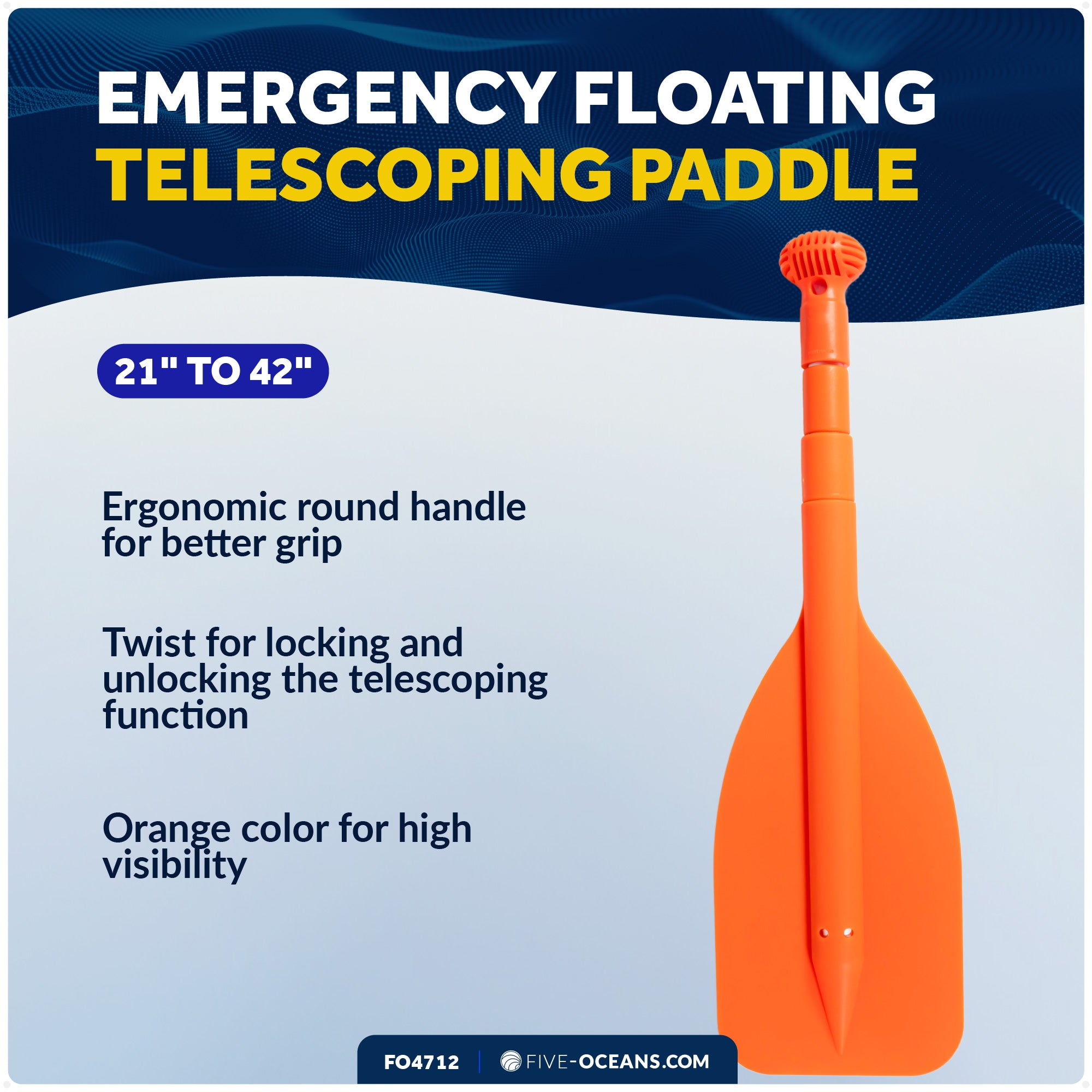 Emergency Floating Telescoping Paddle Extends from 21" to 42", Round-Grip - Orange - FO4712