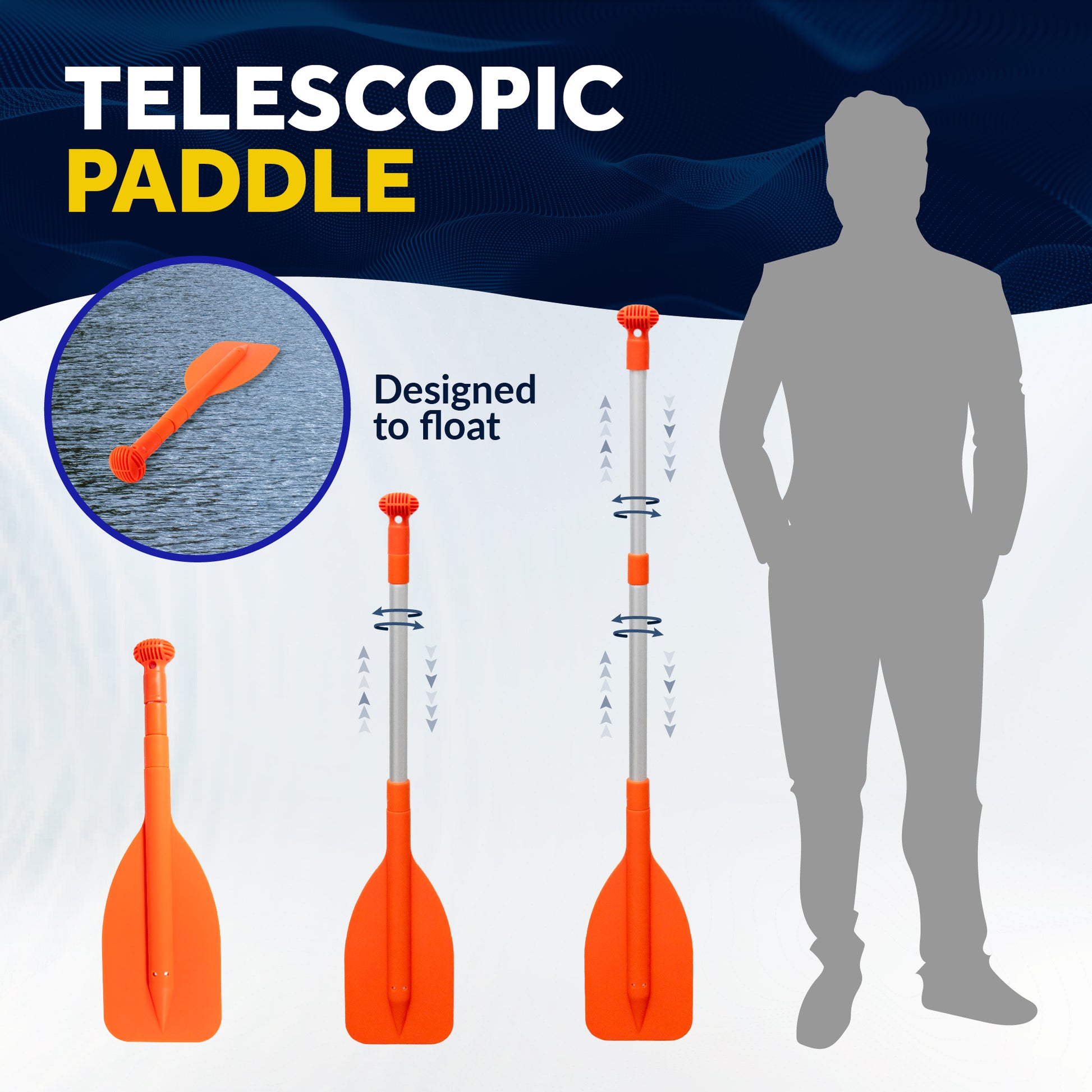 Emergency Floating Telescoping Paddle Extends from 21" to 42", Round-Grip - Orange - FO4712 - Five Oceans