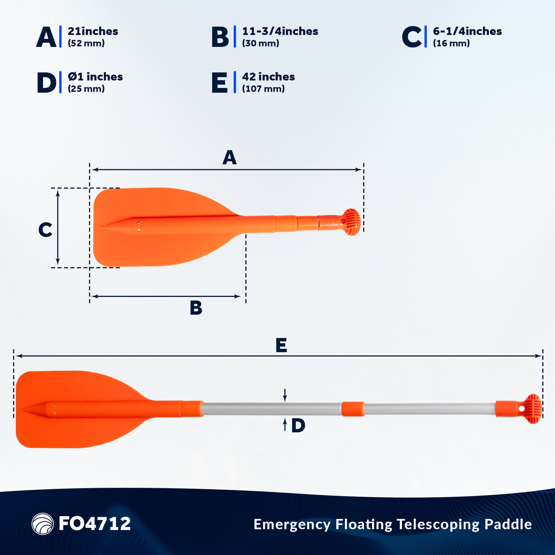 Emergency Floating Telescoping Paddle Extends from 21" to 42", Round-Grip - Orange - FO4712 - Five Oceans