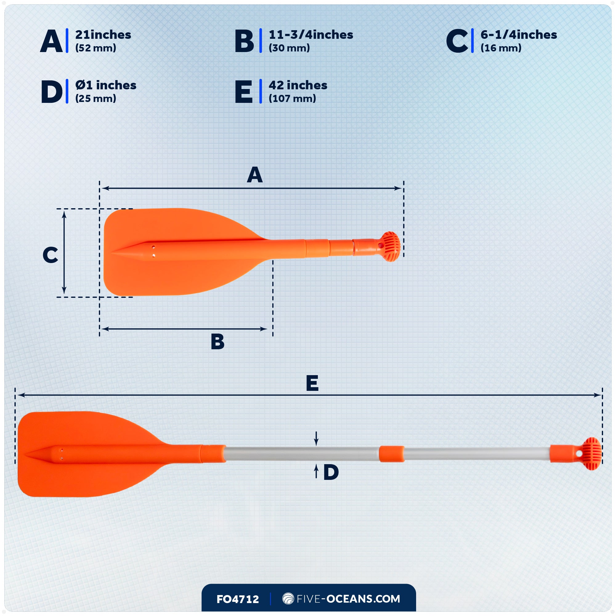 Emergency Floating Telescoping Paddle Extends from 21" to 42", Round-Grip - Orange - FO4712
