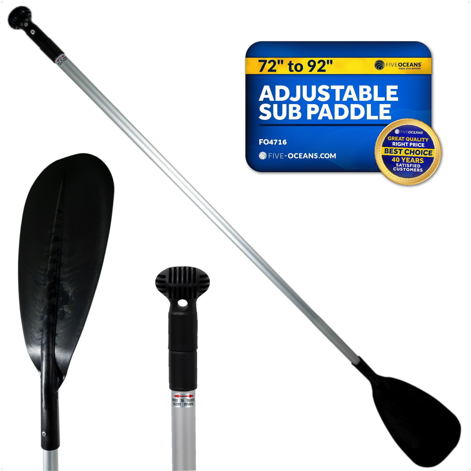 SUP Paddle - Adjustable Aluminum Shaft from 72" to 92", Black - FO4716
