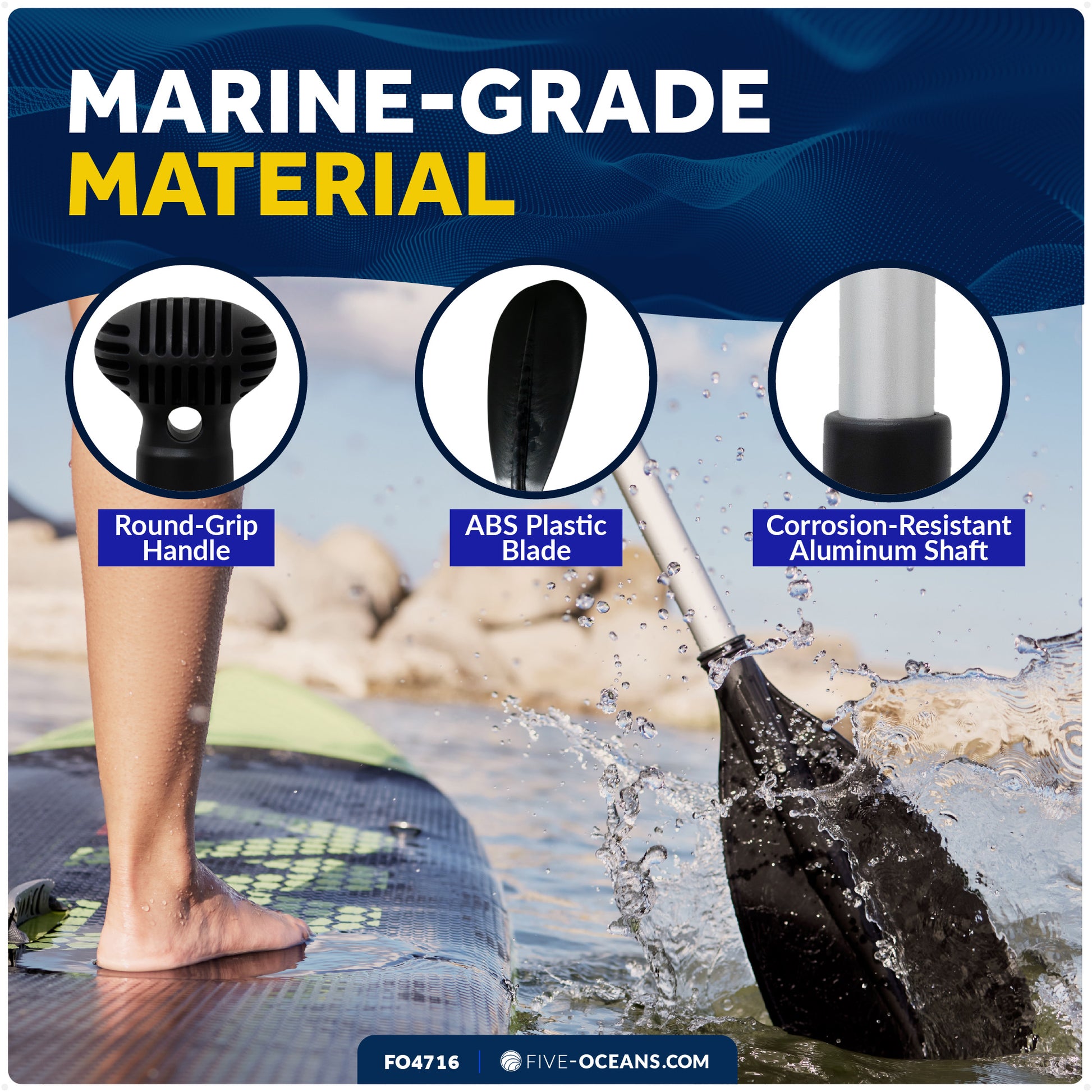 SUP Paddle - Adjustable Aluminum Shaft from 72" to 92", Black - FO4716 - Five Oceans