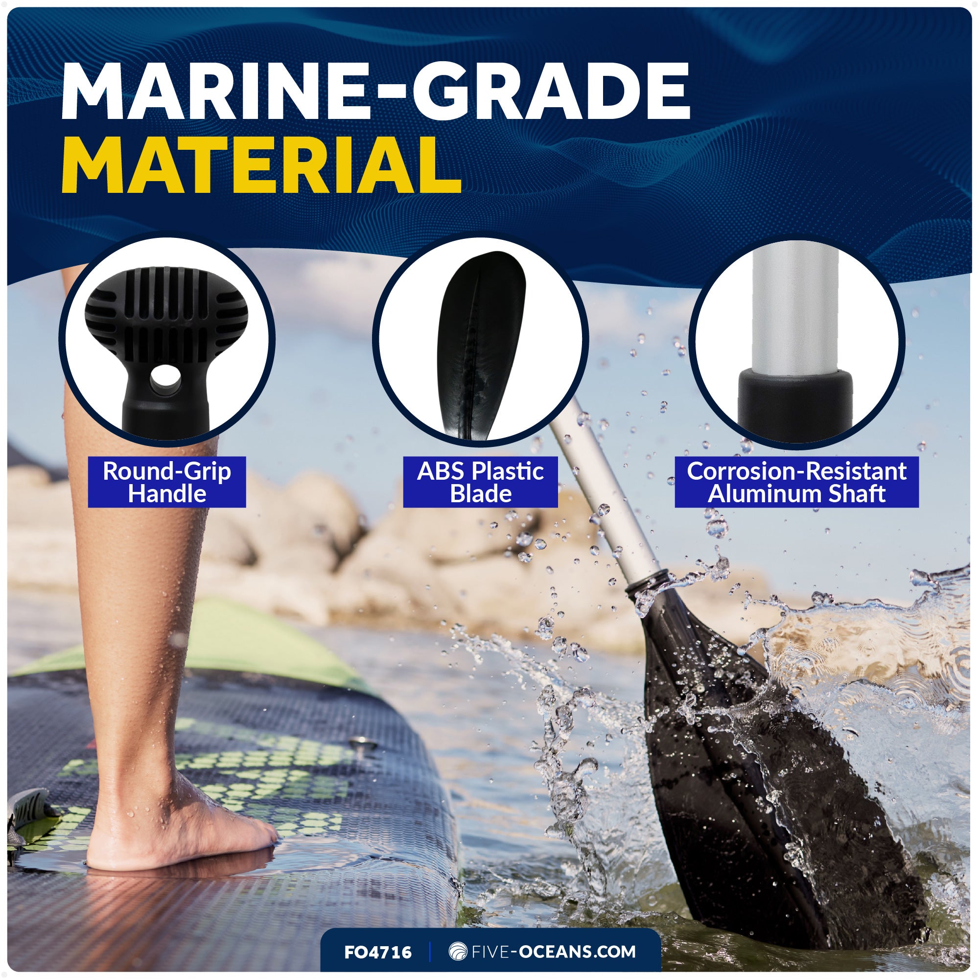 SUP Paddle - Adjustable Aluminum Shaft from 72" to 92", Black - FO4716