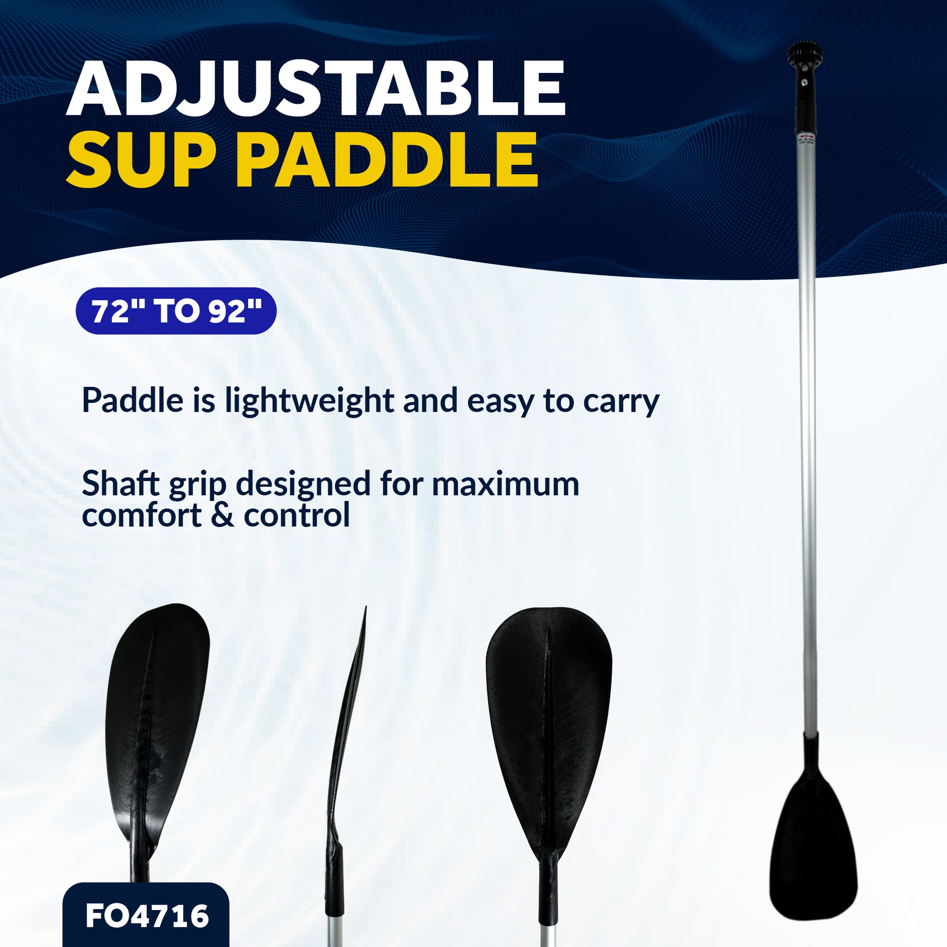 SUP Paddle - Adjustable Aluminum Shaft from 72" to 92", Black - FO4716 - Five Oceans