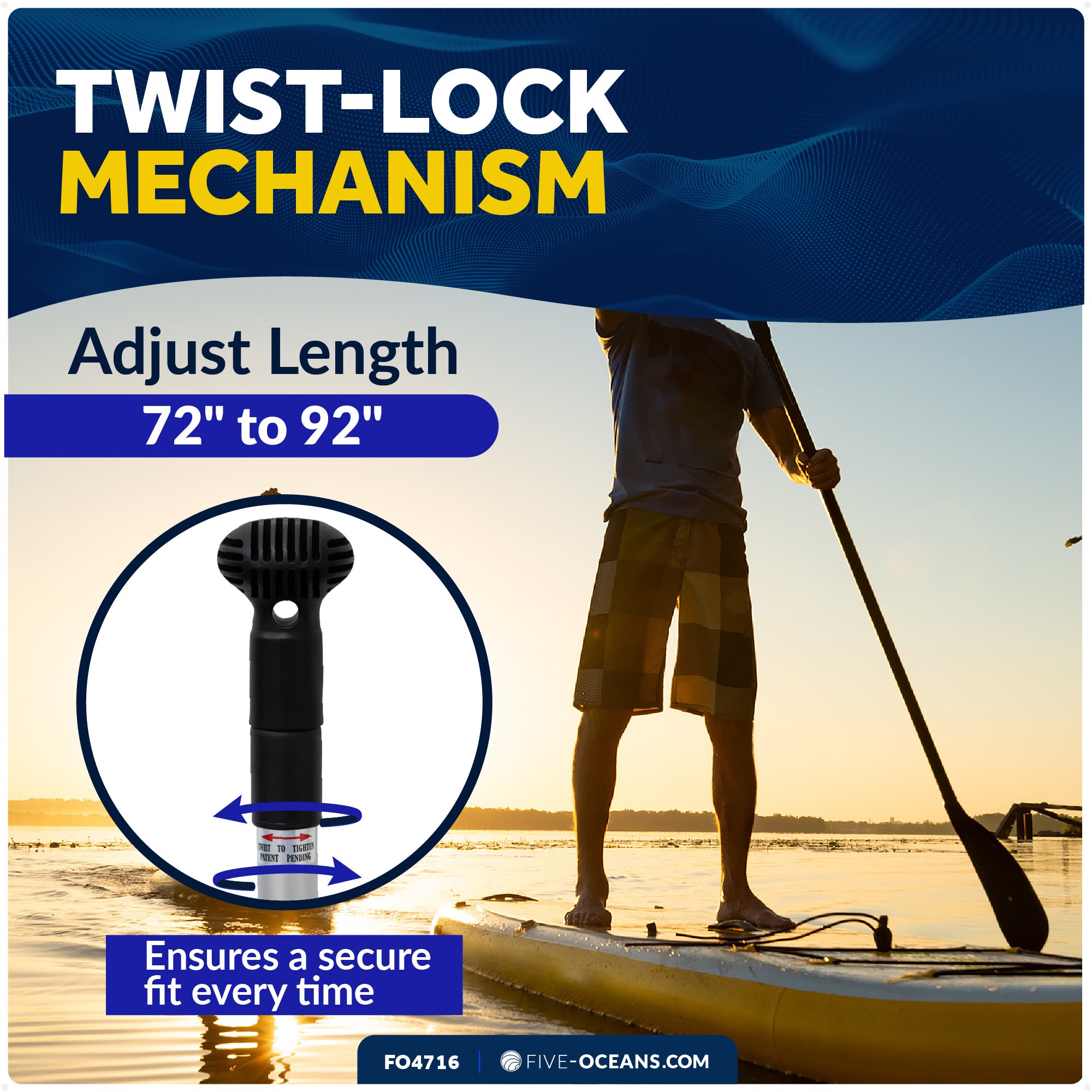 SUP Paddle - Adjustable Aluminum Shaft from 72" to 92", Black - FO4716