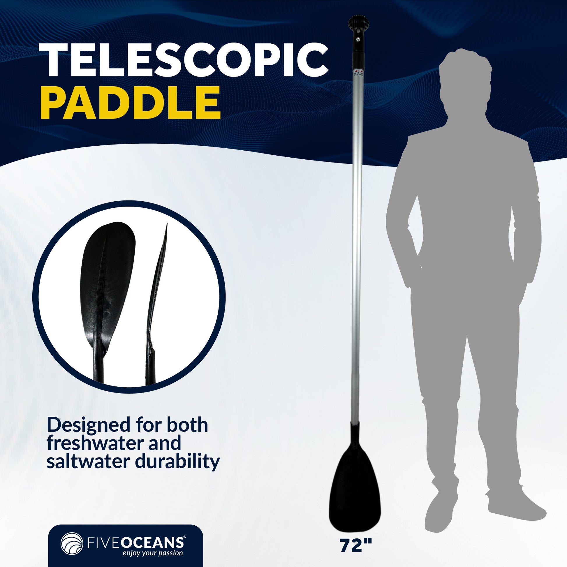 SUP Paddle - Adjustable Aluminum Shaft from 72" to 92", Black - FO4716 - Five Oceans