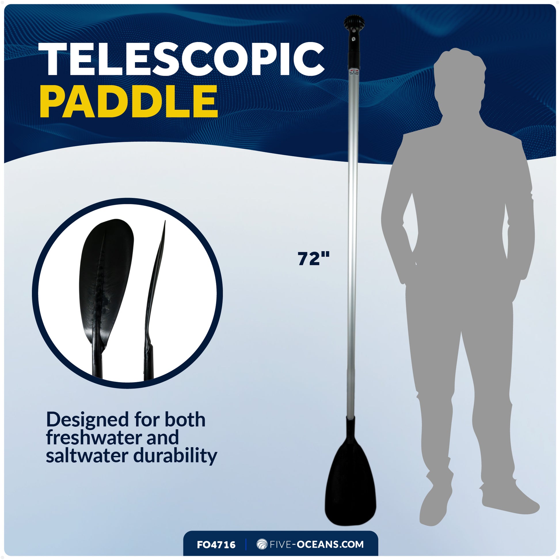 SUP Paddle - Adjustable Aluminum Shaft from 72" to 92", Black - FO4716 - Five Oceans