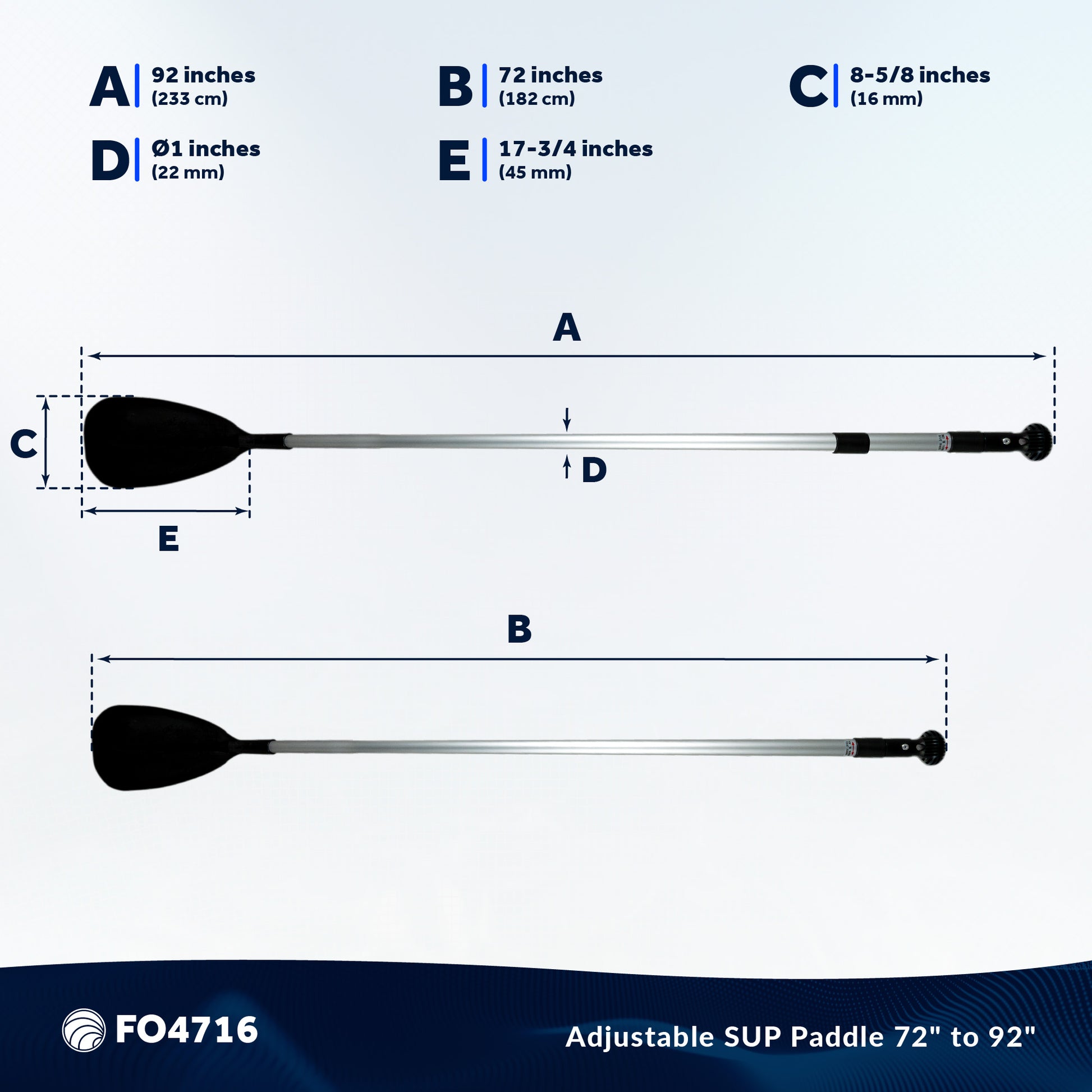 SUP Paddle - Adjustable Aluminum Shaft from 72" to 92", Black - FO4716 - Five Oceans