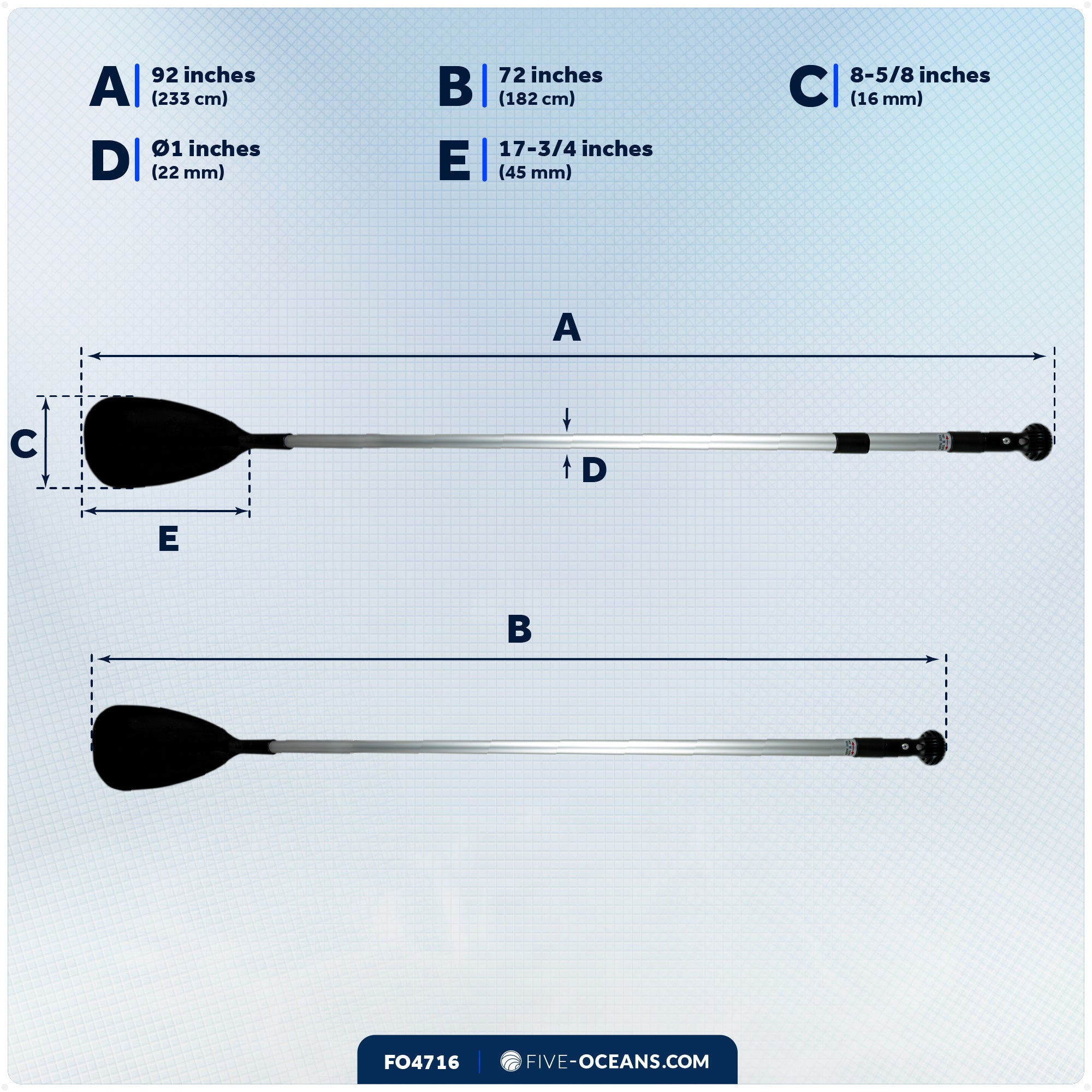 SUP Paddle - Adjustable Aluminum Shaft from 72" to 92", Black - FO4716