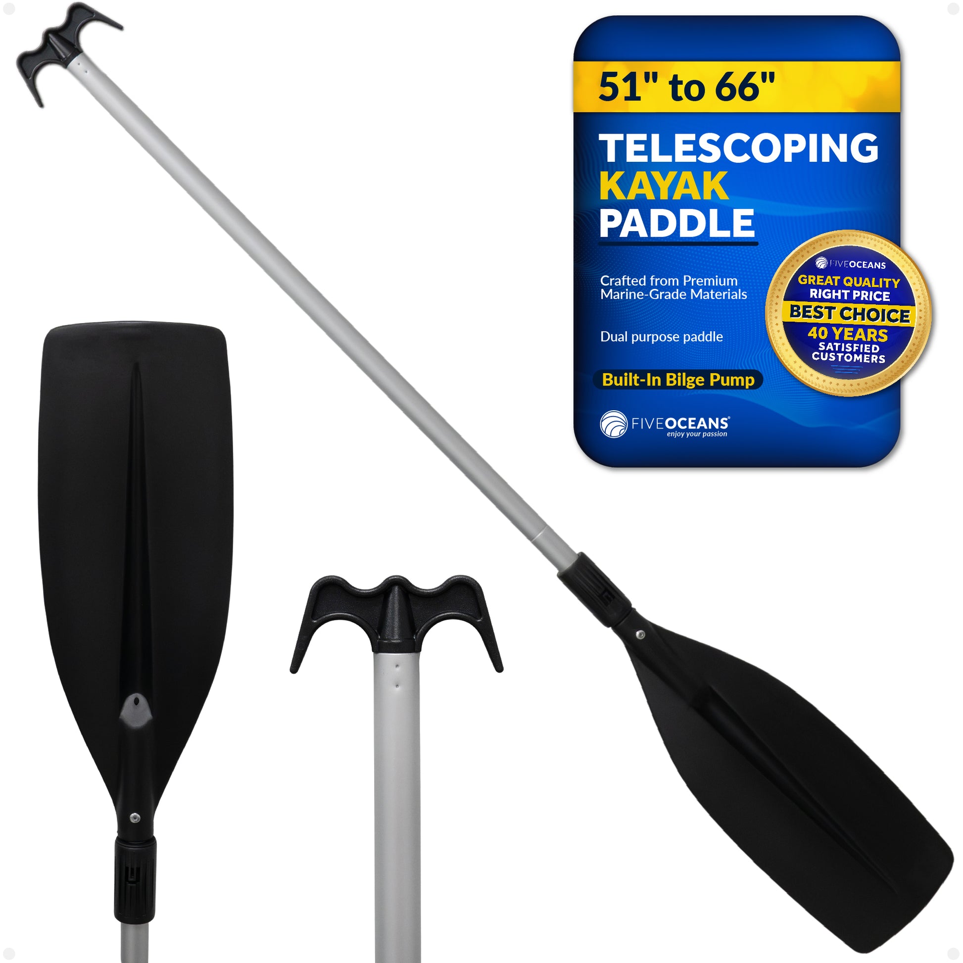 Telescopic Canoe Paddle and Hook with Bilge Pump Function, Extends from 51" to 66" - FO4718 - Five Oceans