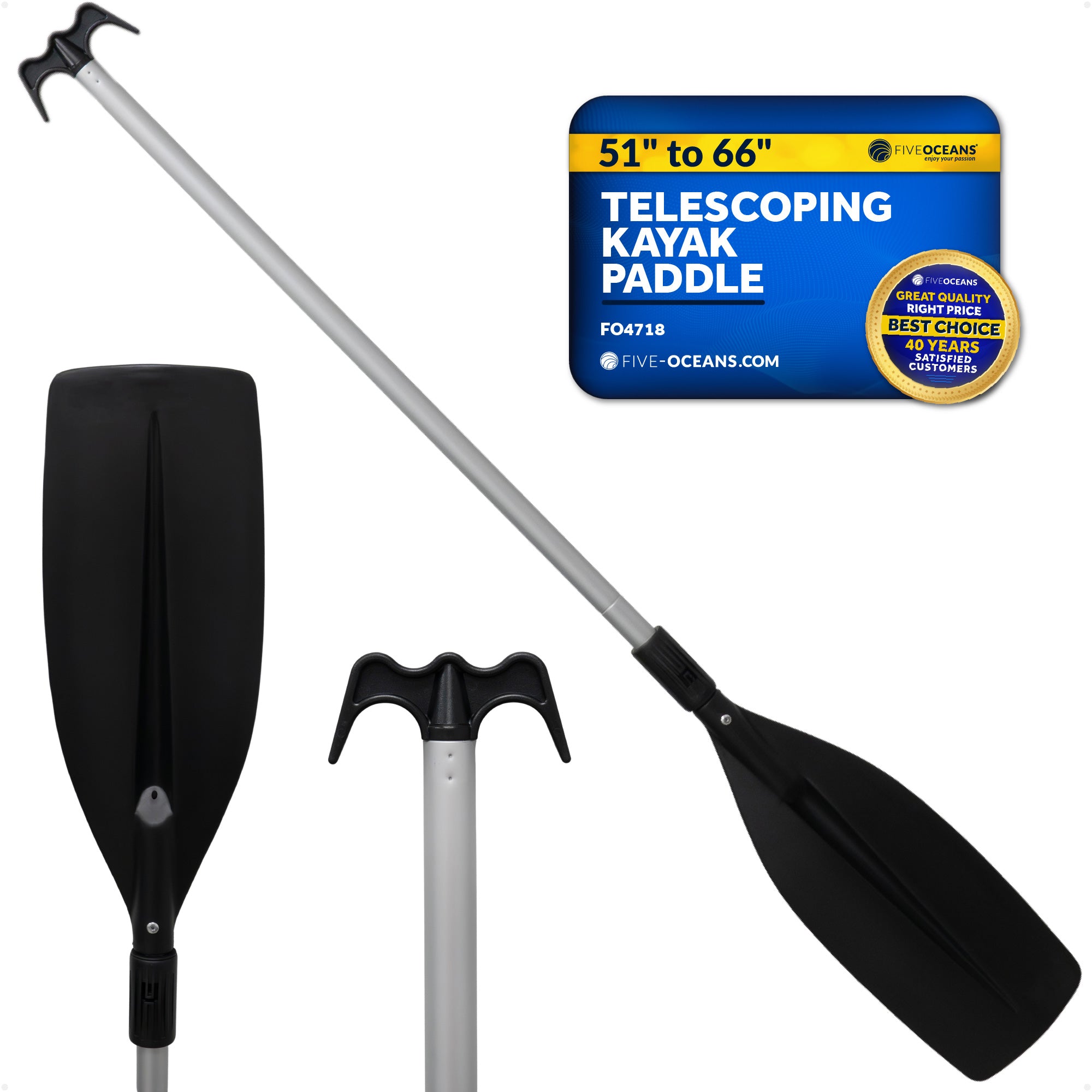 Telescopic Canoe Paddle and Hook with Bilge Pump Function, Extends from 51" to 66" - FO4718