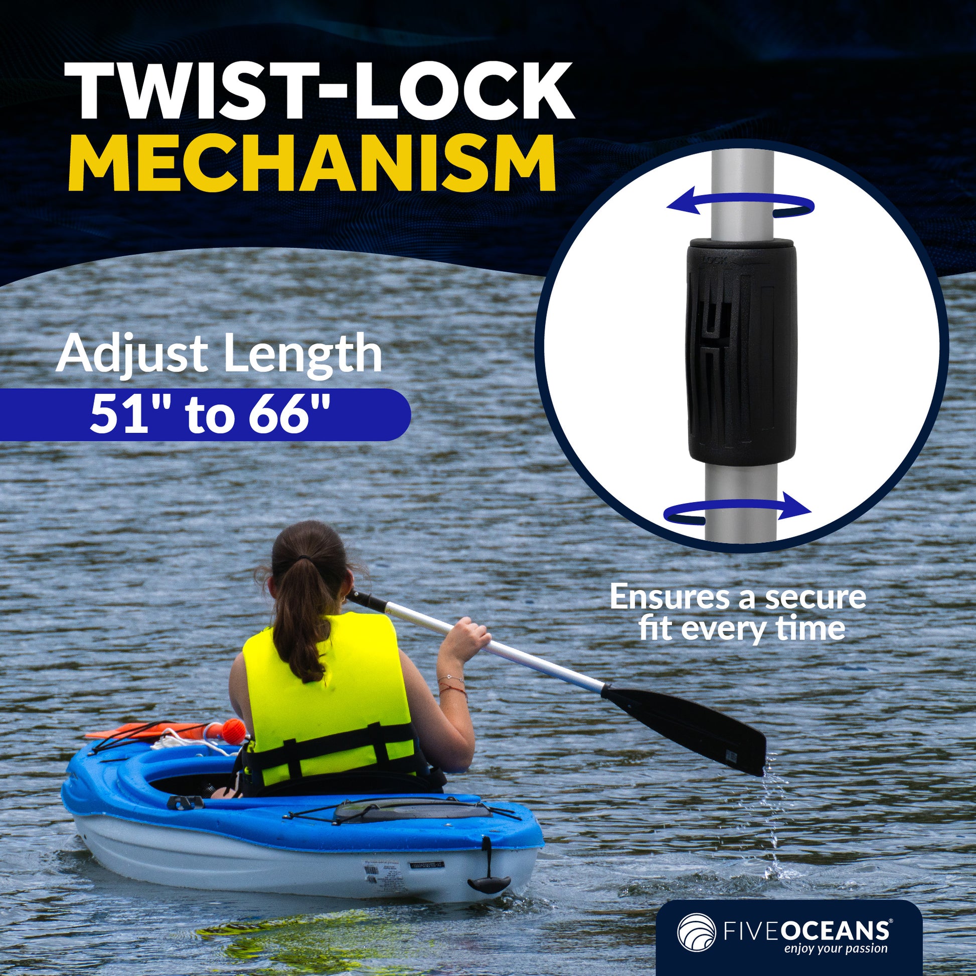 Telescopic Canoe Paddle and Hook with Bilge Pump Function, Extends from 51" to 66" - FO4718 - Five Oceans