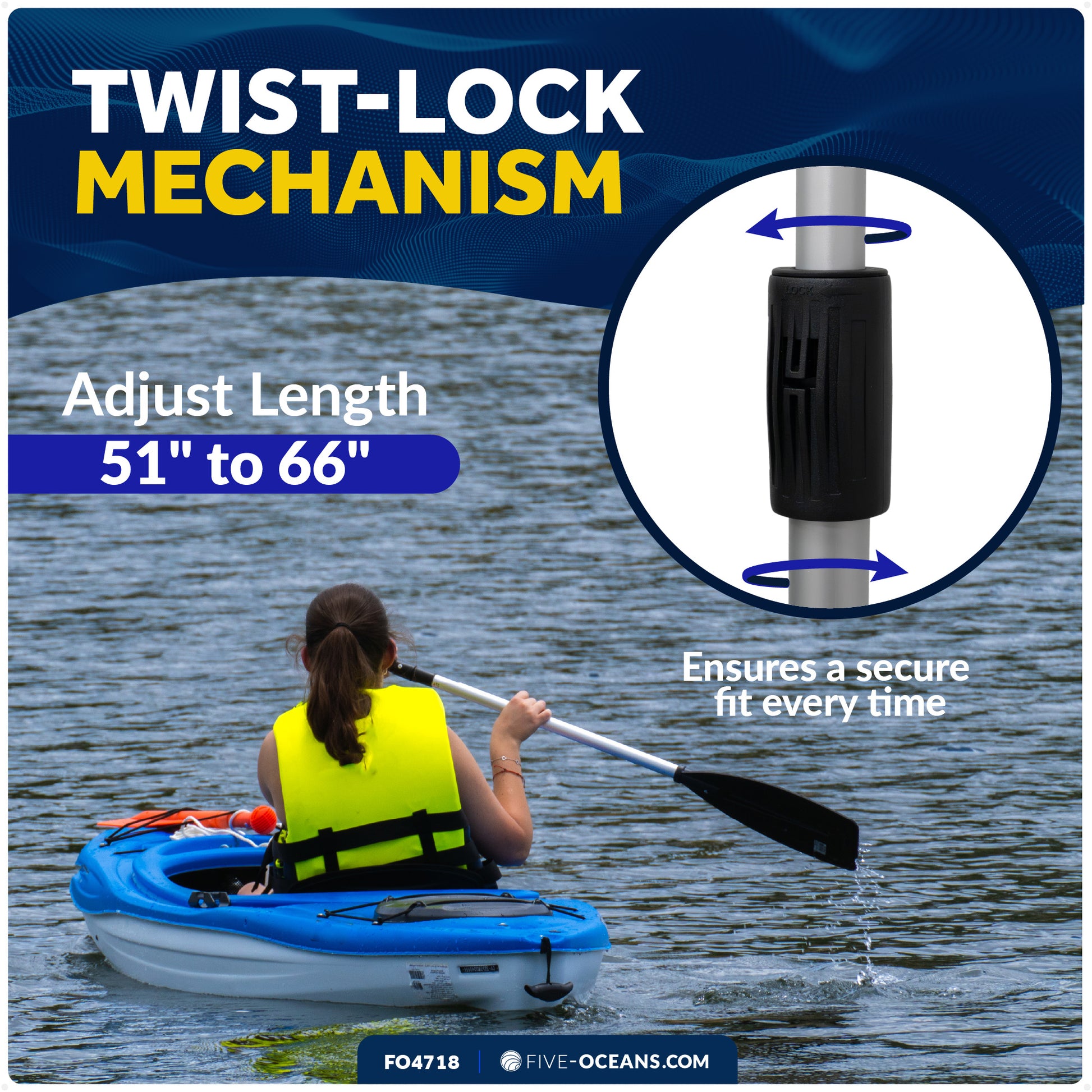 Telescopic Canoe Paddle and Hook with Bilge Pump Function, Extends from 51" to 66" - FO4718 - Five Oceans