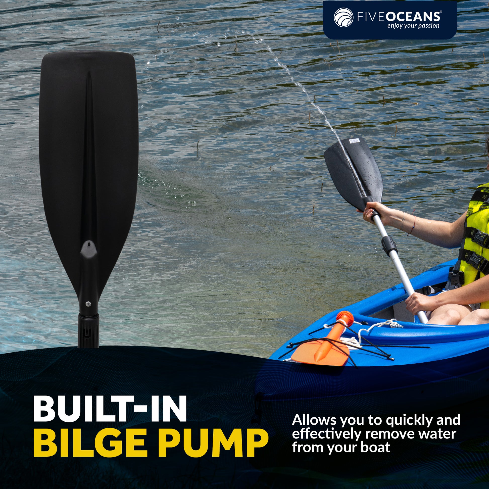 Telescopic Canoe Paddle and Hook with Bilge Pump Function, Extends from 51" to 66" - FO4718 - Five Oceans