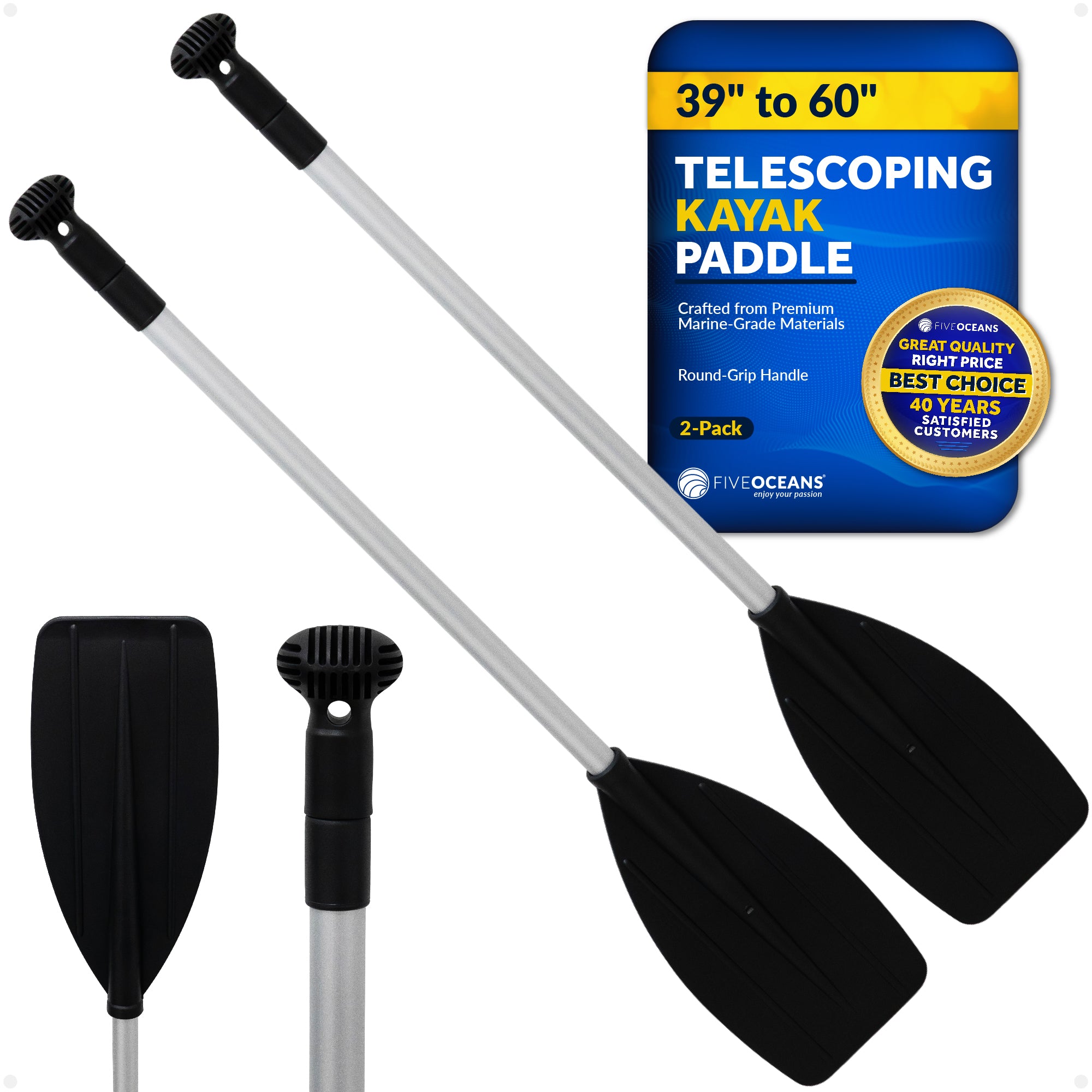 Telescopic Canoe Paddle, Extends from 39" to 60", Round Grip - 2-Pack - FO4720-M2 - Five Oceans