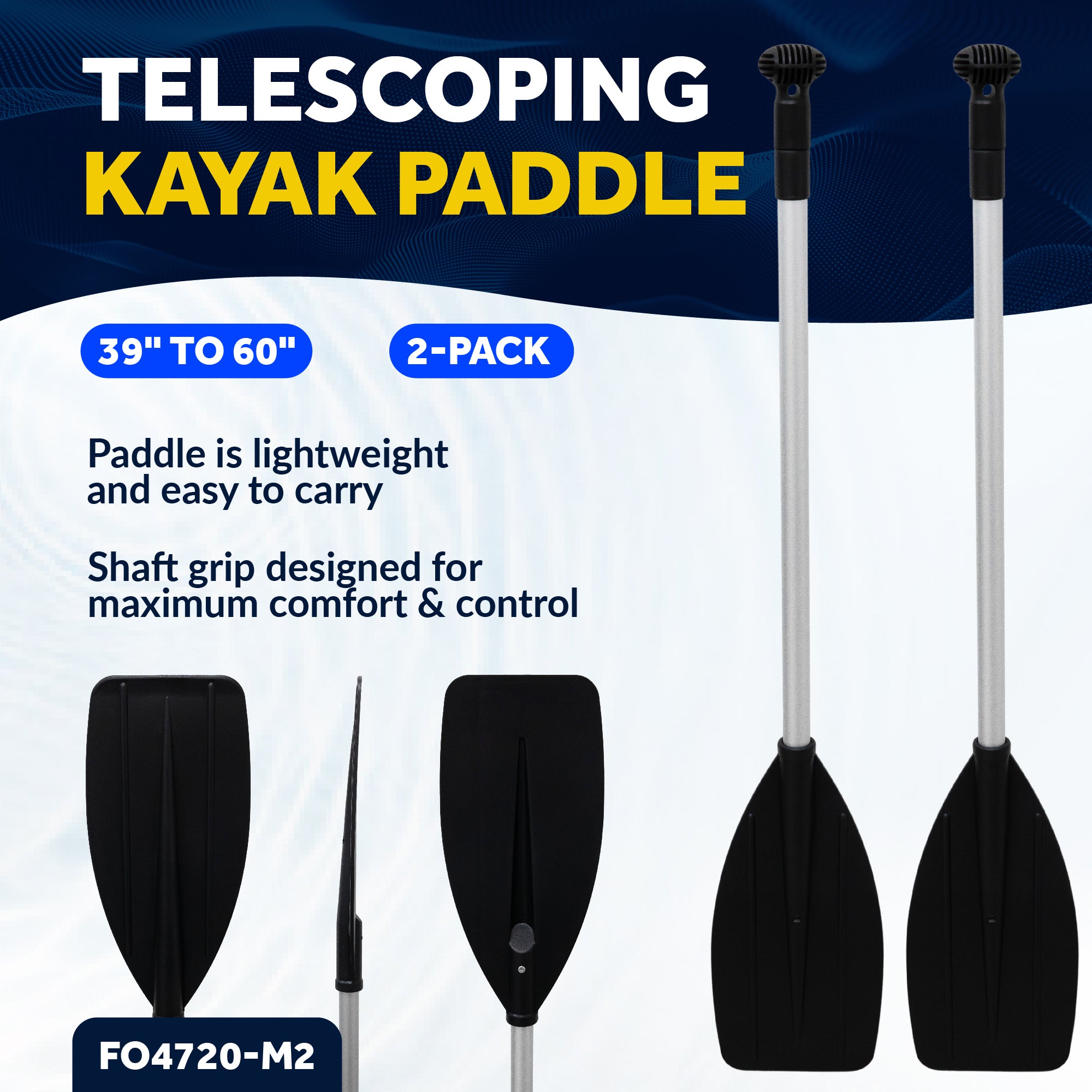 Telescopic Canoe Paddle, Extends from 39" to 60", Round Grip - 2-Pack - FO4720-M2 - Five Oceans