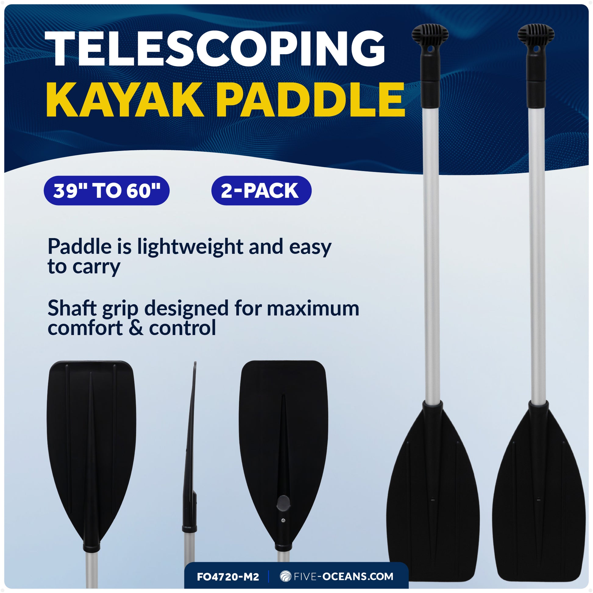 Telescopic Canoe Paddle, Extends from 39" to 60", Round Grip - 2-Pack - FO4720-M2 - Five Oceans
