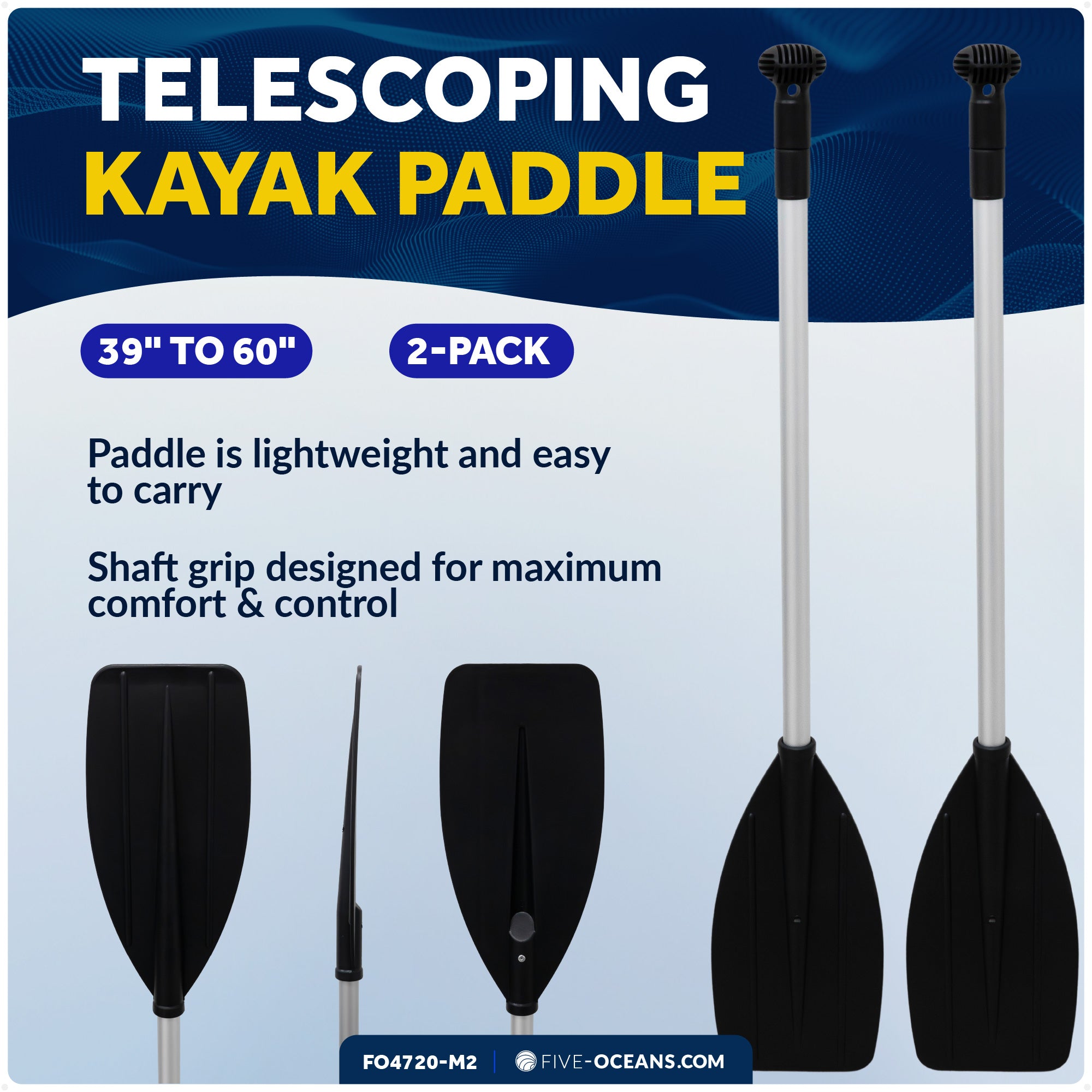 Telescopic Canoe Paddle, Extends from 39" to 60", Round Grip - 2-Pack - FO4720-M2 - Five Oceans