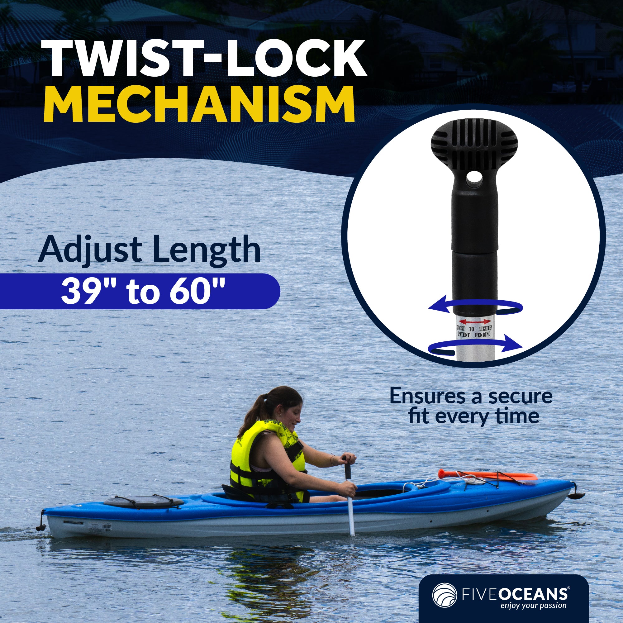 Telescopic Canoe Paddle, Extends from 39" to 60", Round Grip - 2-Pack - FO4720-M2 - Five Oceans