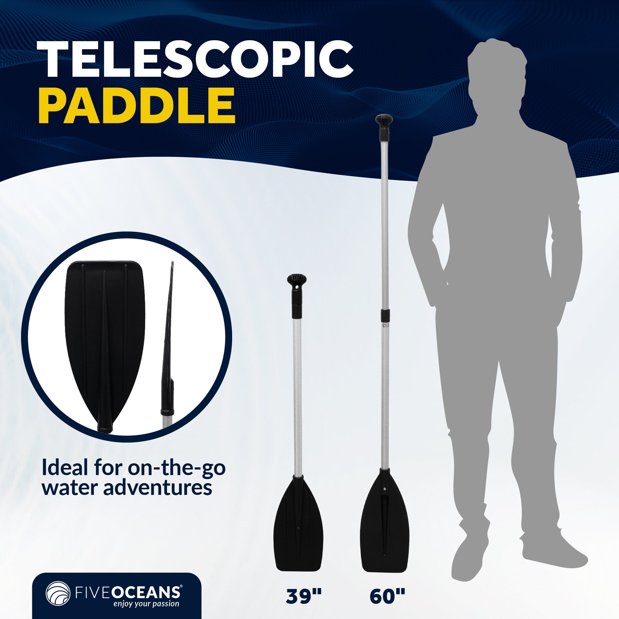 Telescopic Canoe Paddle, Extends from 39" to 60", Round Grip - 2-Pack - FO4720-M2 - Five Oceans