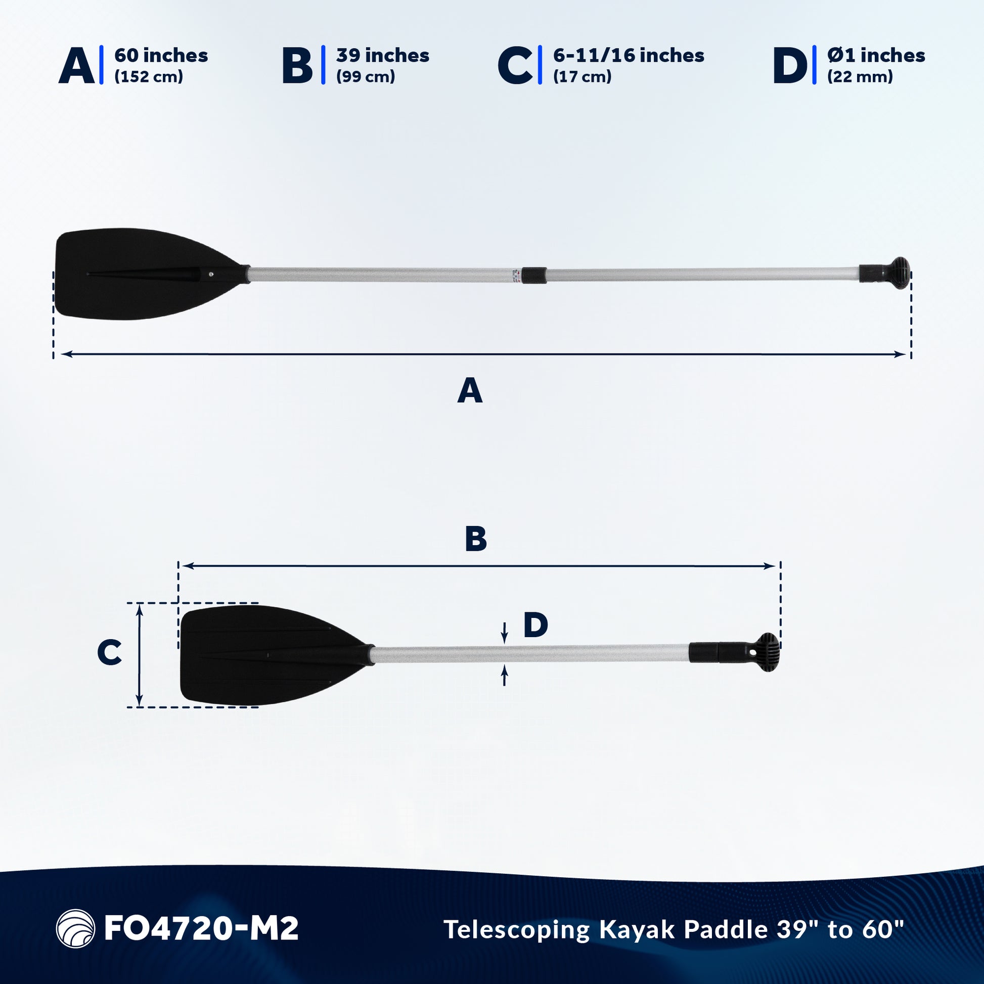 Telescopic Canoe Paddle, Extends from 39" to 60", Round Grip - 2-Pack - FO4720-M2 - Five Oceans