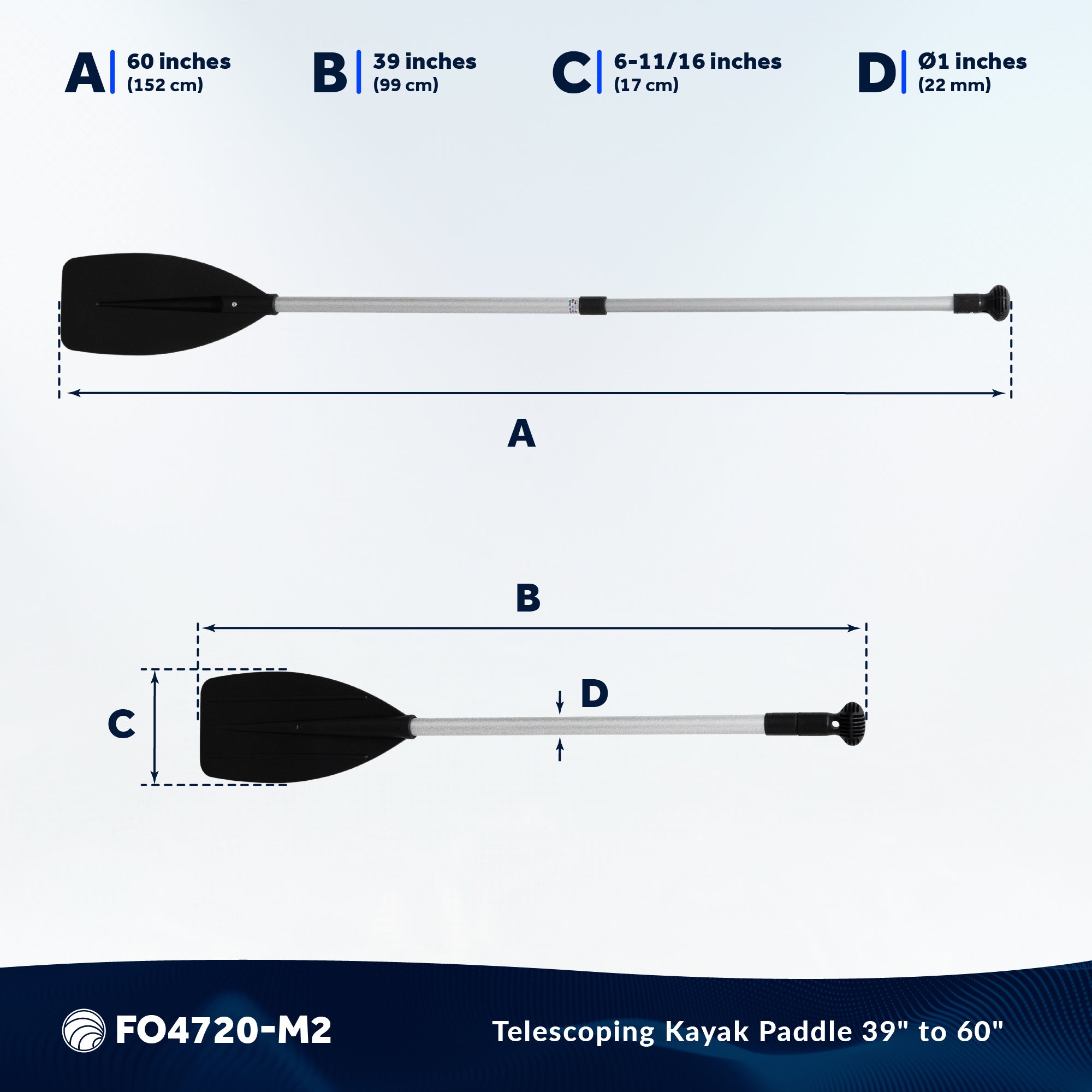 Telescopic Canoe Paddle, Extends from 39" to 60", Round Grip - 2-Pack - FO4720-M2 - Five Oceans
