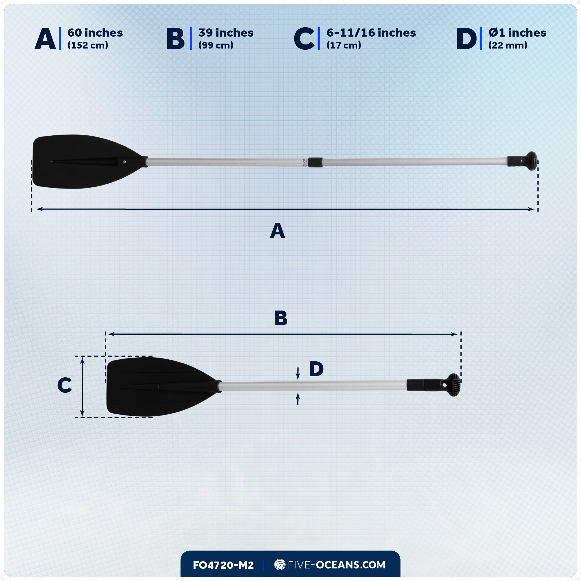 Telescopic Canoe Paddle, Extends from 39" to 60", Round Grip - 2-Pack - FO4720-M2 - Five Oceans