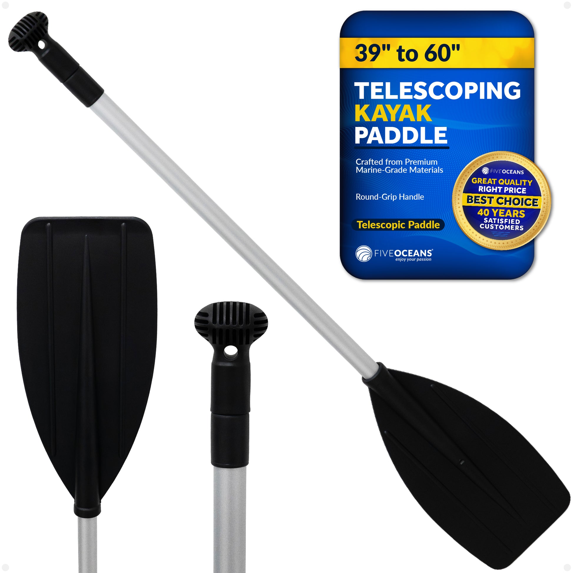 Telescopic Canoe Paddle, Extends from 39" to 60", Round Grip - FO4720 - Five Oceans