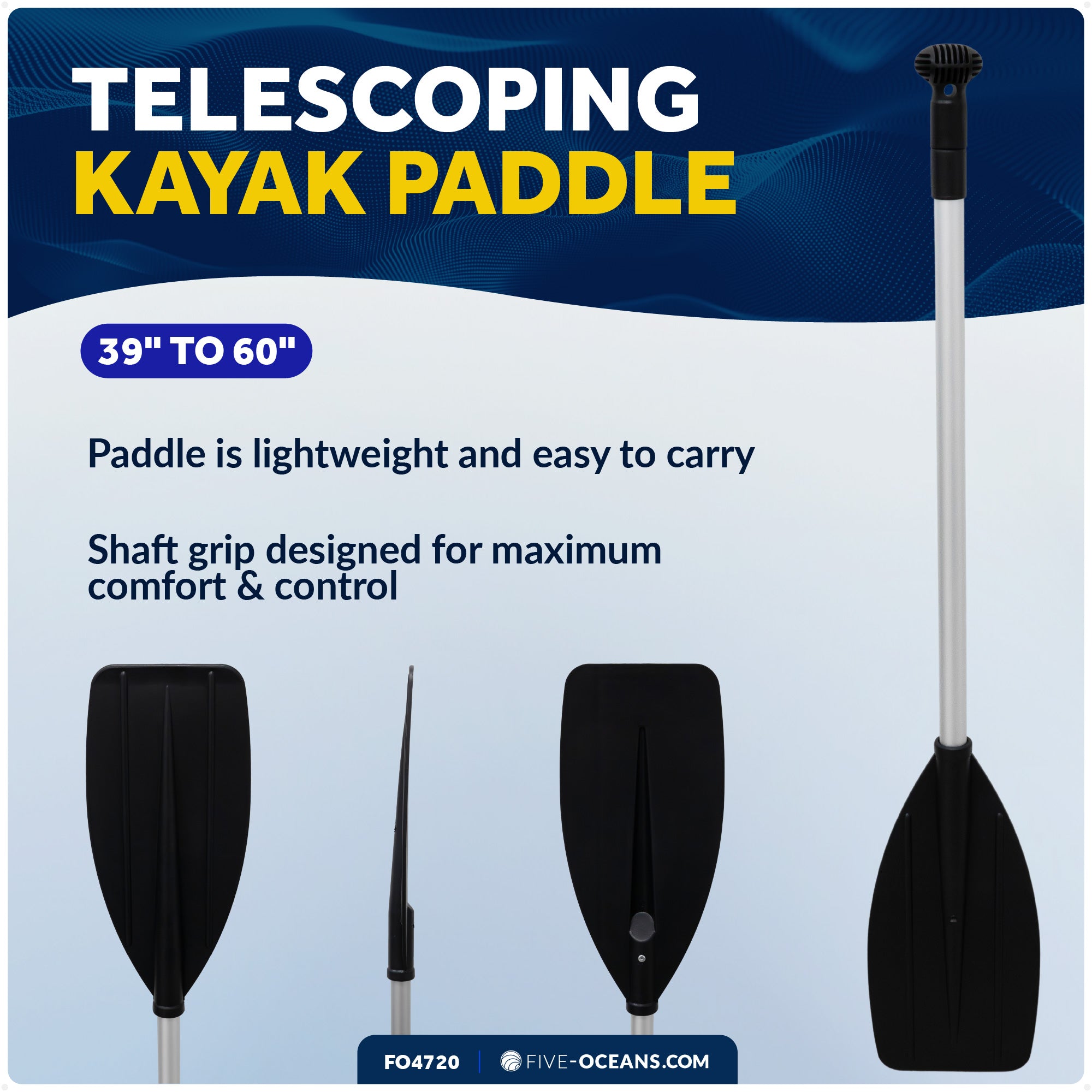 Telescopic Canoe Paddle, Extends from 39" to 60", Round Grip - FO4720 - Five Oceans