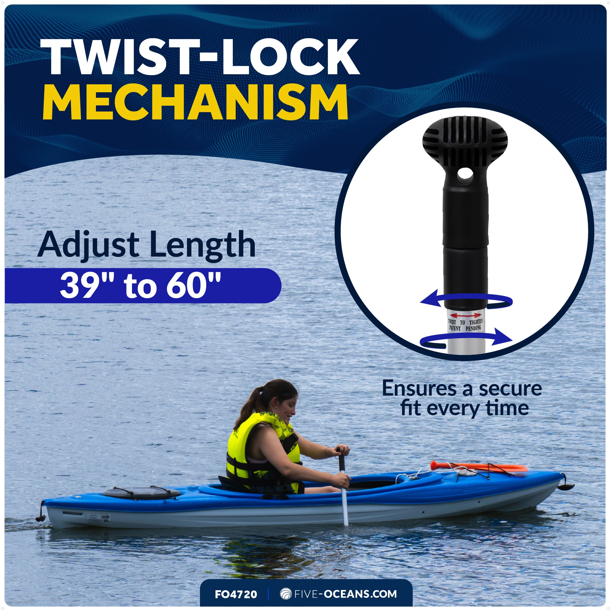 Telescopic Canoe Paddle, Extends from 39" to 60", Round Grip - FO4720 - Five Oceans