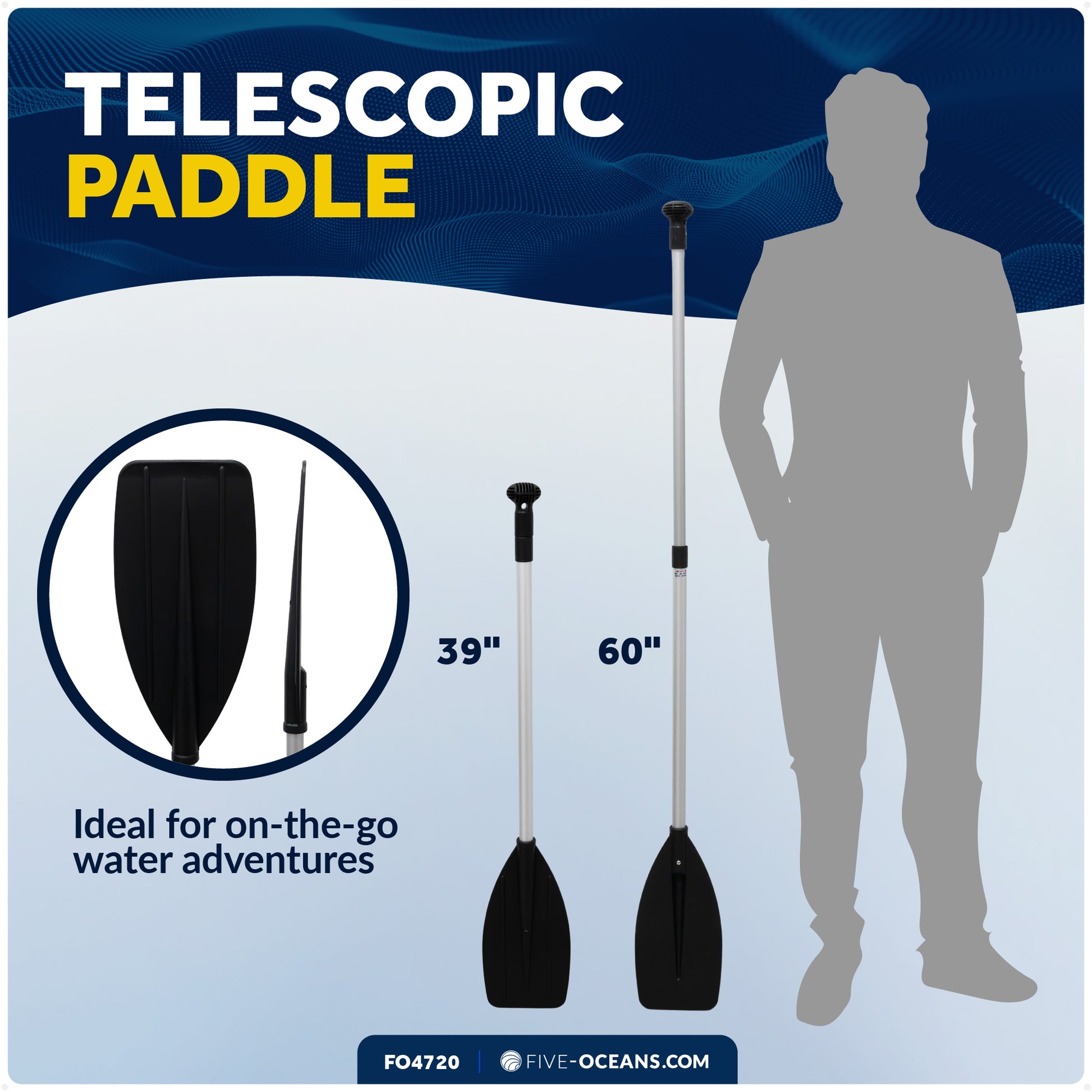 Telescopic Canoe Paddle, Extends from 39" to 60", Round Grip - FO4720 - Five Oceans